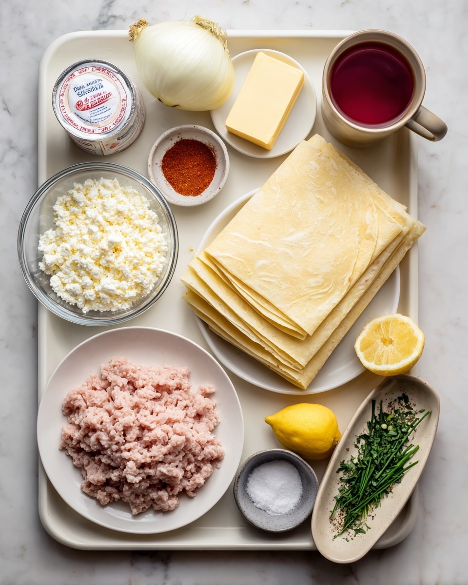 The image shows a cooking tray with many ingredients organized neatly. There are three layers of light yellow tortillas stacked on the right side. Next to them is a white sour cream container with red and blue text. Below the tortillas are two slices of pale yellow cheese and a stick of butter on top, both rectangular. Below the cheese is a white plate holding a large portion of ground light pink meat with a soft texture. To the left, there is a clear glass bowl filled with white crumbled cheese. Beside it is a small white dish with a red powder spice. Above, there is a light yellow onion, two garlic cloves, and a white mug filled with a red liquid, positioned on a white marbled surface. In the lower right corner, there is a beige oval dish with green herbs including chives and parsley, along with half a bright yellow lemon. Next to it is a small gray bowl containing white salt and black pepper. photo taken with an iphone --ar 4:5 --v 7
