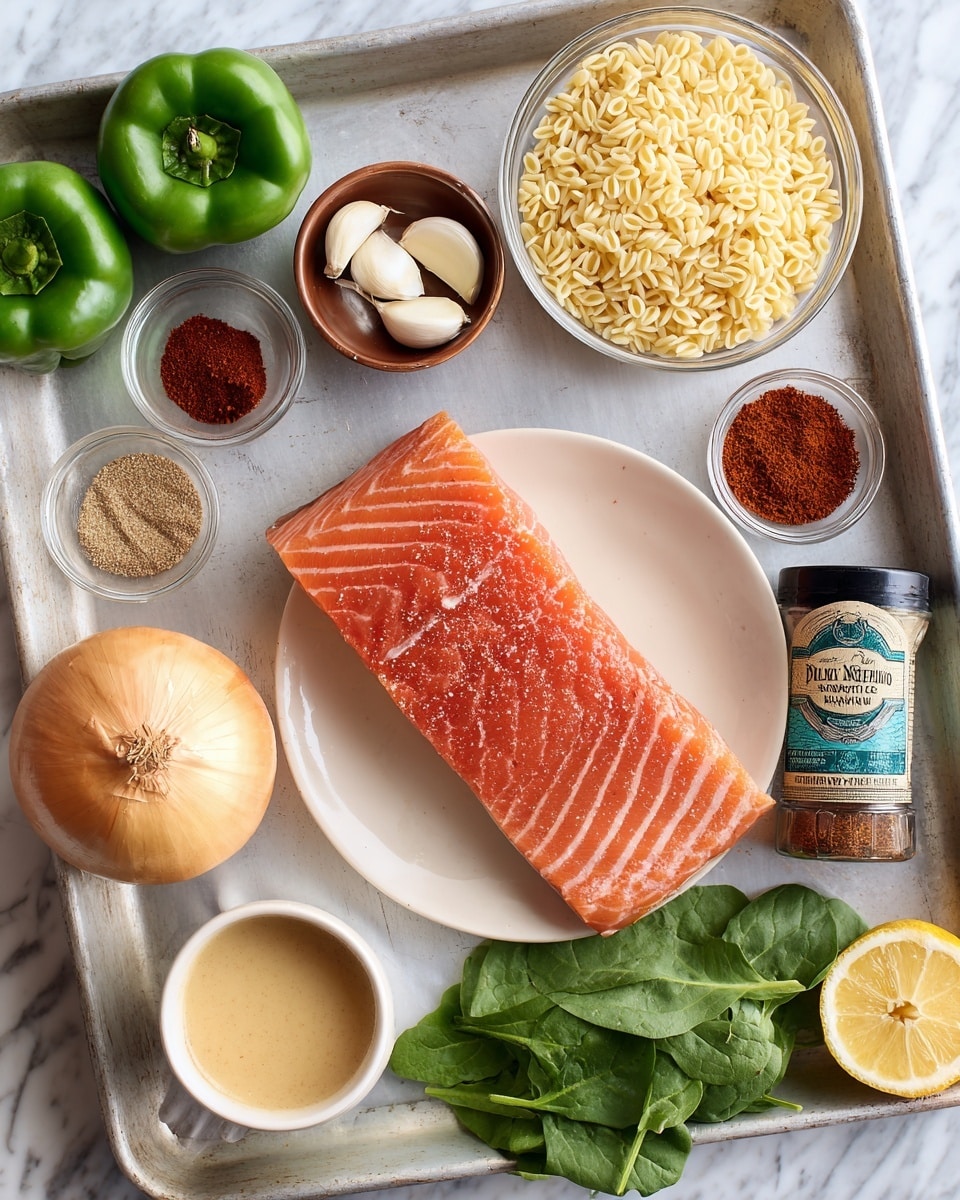 A raw salmon filet with bright orange color and white fat lines lies on a white plate in the center of a metal tray. At the top left, there are two green bell peppers with smooth shiny skin. To their right, three whole garlic cloves sit in a small brown bowl, next to a similar bowl filled with red-brown spice powder. Above the salmon, a glass bowl holds uncooked orzo pasta, pale yellow and small grain-like. Below the orzo is a small dark brown bowl filled with red spicy powder. Near the bottom left of the tray is a large whole yellow onion with tan dry skin. Below the onion, a white cup contains creamy beige liquid. Next to the cup is a bunch of fresh green spinach leaves. At the bottom center, a half lemon with shiny yellow skin and juicy inside is placed next to two small glass bowls, one with light brown powder and the other with reddish spice mix. At the bottom right corner sits a black carton of Kettle & Fire chicken bone broth. The tray and background have a smooth white marbled texture. Photo taken with an iphone --ar 4:5 --v 7