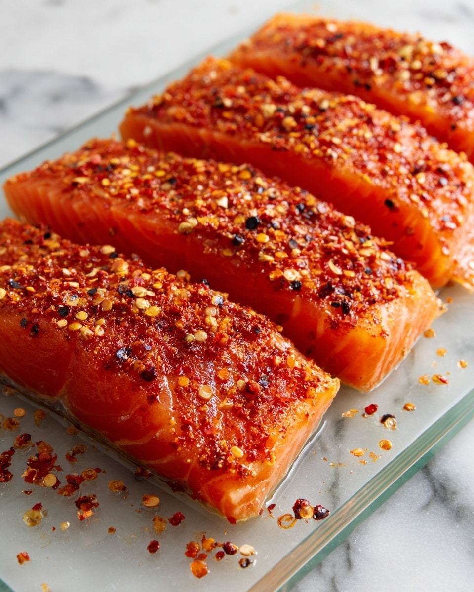 Four pieces of raw salmon fillets lie side by side on a clear glass surface, each covered with a thick layer of orange-red seasoning mixed with black specks and some coarse flakes. The salmon skin is not visible, showing only the vibrant pink flesh beneath the spice layer. Small bits of the seasoning are scattered around the fillets on the smooth glass. The whole setup is placed on a white marbled surface. photo taken with an iphone --ar 4:5 --v 7