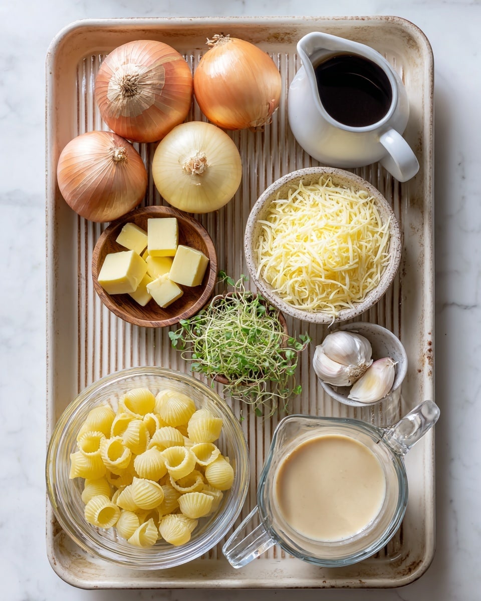 Easy French Onion Pasta Recipe 4 A white plate holds a pile of shell pasta covered in a smooth, creamy orange sauce speckled with green herbs and black pepper. The pasta shells are medium-sized, hollow, and slightly shiny from the sauce. A black spoon rests on the side of the plate, partially under the pasta. In the background, a small white bowl contains shredded cheese, placed on a white marbled surface. The photo taken with an iphone --ar 4:5 --v 7