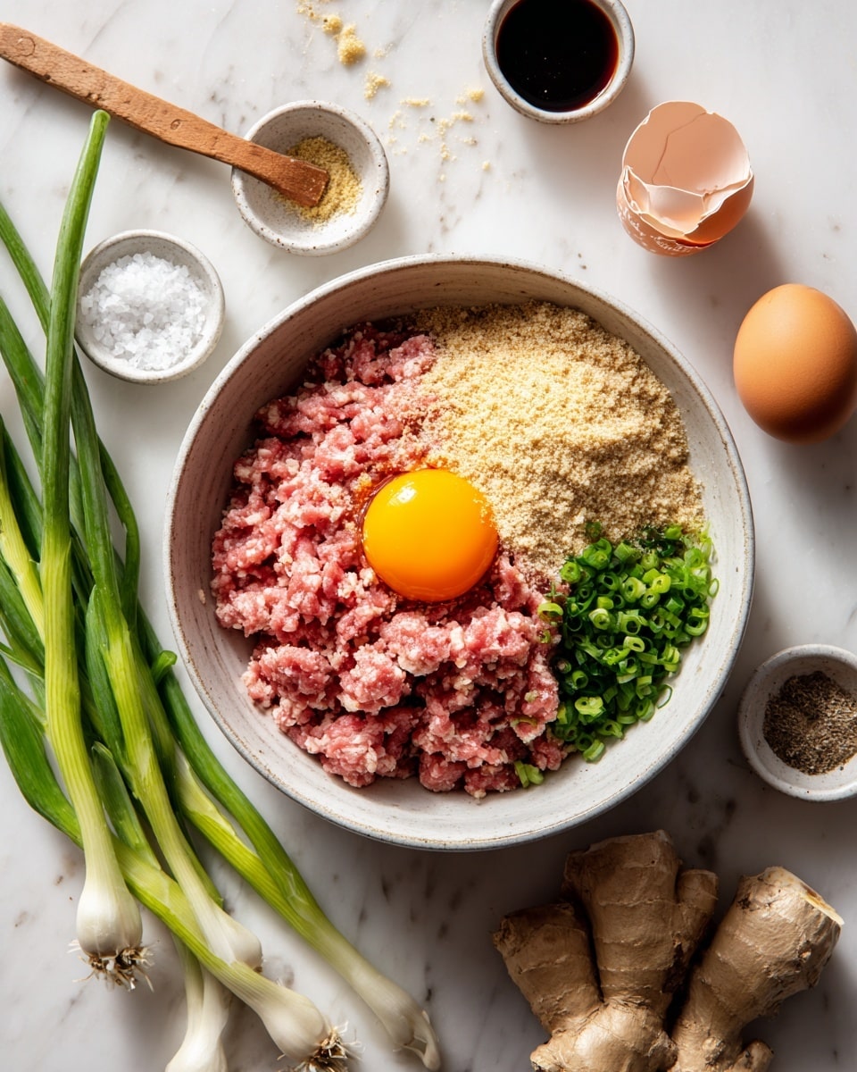 A white bowl sits in the center on a white marbled surface, filled with layers of raw ground meat that is pink and slightly textured, topped with a bright orange raw egg yolk, light tan breadcrumbs covering nearly half the bowl, chopped green scallions on the left side, and small piles of white salt and black pepper near the middle right. Around the bowl are small white dishes holding light brown cracked egg shells, coarse white salt with a wooden spoon, dark soy sauce, a red sauce, chopped ginger root, and minced garlic. To the left on the surface are fresh green scallions with white roots. The scene is bright and clear, natural-lighted to show all textures well photo taken with an iphone --ar 4:5 --v 7