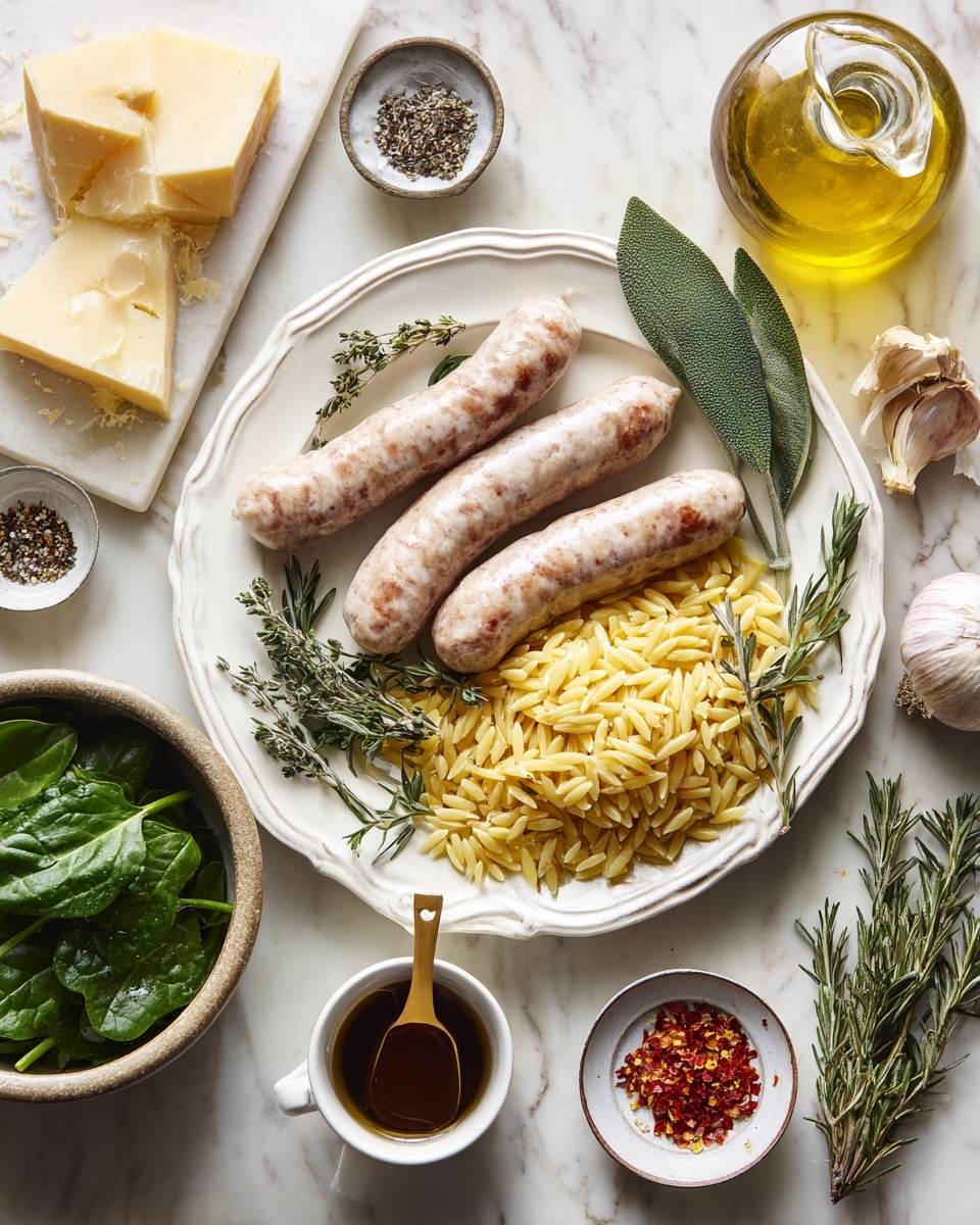 The image shows a white scalloped plate with three raw, pale brown sausages placed diagonally on the top half, resting on a couple of spinach leaves and sprigs of fresh thyme. Below the sausages is a rustic bowl filled with uncooked, yellow orzo pasta with a light wooden scoop on top. A small white cup containing a dark liquid sits on the left side of the plate. Around the plate are various ingredients including a bowl of fresh green spinach leaves at the bottom left, a small white dish with coarse black pepper towards the bottom right, a white dish with small green herb sprigs near the top left, a bowl of red chili flakes with a gold spoon at the top right, a glass jug of olive oil on the upper right, chunks of pale yellow cheese on a white plate to the left, garlic bulbs, a metal measuring spoon with light powder, a small jar with powdered substance, and a small jug of cream on the right side all arranged on a light marbled surface. photo taken with an iphone --ar 4:5 --v 7