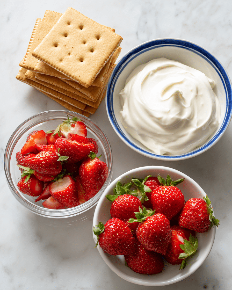 The image shows three bowls on a white marbled surface. The top right bowl is white with blue edges and filled with smooth, white creamy yogurt. The bottom bowl is white and filled with bright red strawberries with green leaves on top. To the left, there is a clear glass bowl holding a neat stack of golden brown rectangular graham crackers with small holes on them. photo taken with an iphone --ar 4:5 --v 7