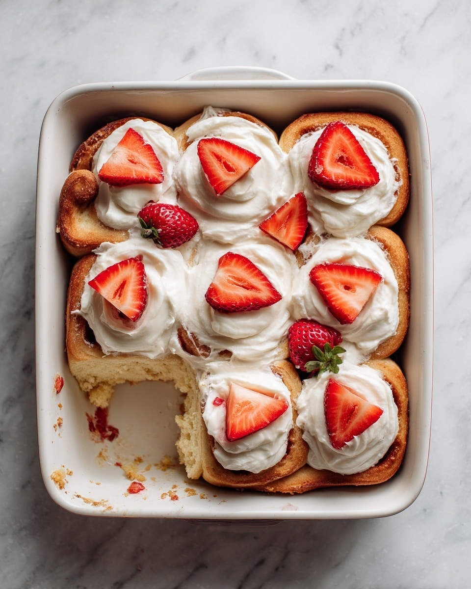 A square-shaped dessert sits on a white plate with red stripes around the edge. The dessert has one main layer of soft cake at the bottom, covered thickly with creamy frosting that has small bits of red fruit mixed inside. On top of the frosting, there is a single, fresh, bright red strawberry slice placed in the center. The setting is on a white marbled surface. photo taken with an iphone --ar 4:5 --v 7