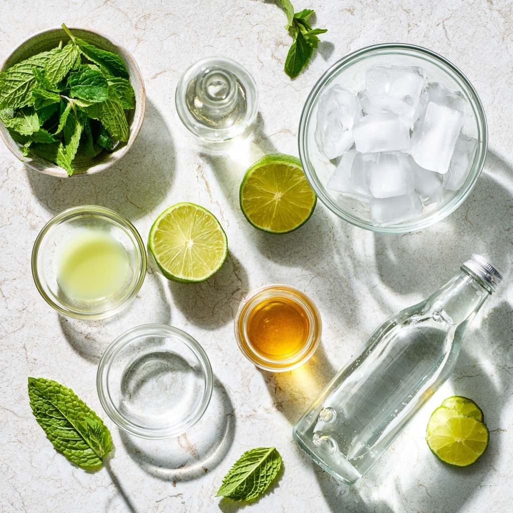 A tall clear glass with green mint leaves and lime juice at the bottom, being stirred by a long thin silver spoon held by a woman's hand from above. To the left of the glass is a nearly full clear bottle of Bacardi white rum with a red and black label. On the white marbled surface in front of the bottle are fresh green mint leaves and lime wedges. To the right side of the glass, there are more lime wedges and a small glass jar with a brown liquid inside. In the background, fresh mint leaves are slightly blurred. Photo taken with an iphone --ar 4:5 --v 7