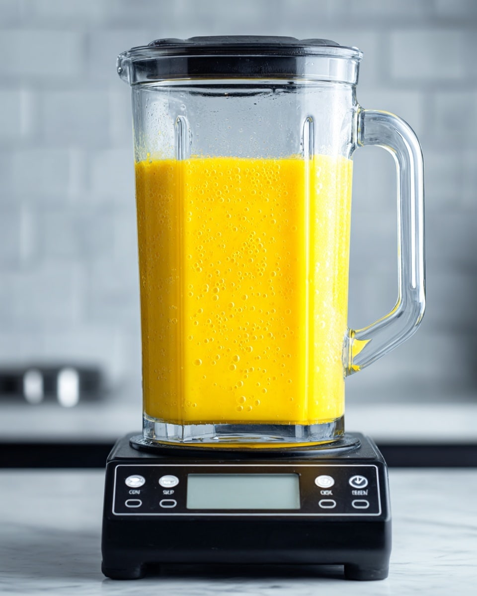 A close-up image of a clear blender pitcher filled about three-quarters full with a thick, bright yellow liquid with foam on top. The liquid inside has a smooth texture with small bubbles, and the blender pitcher is sitting on a black base with a digital control panel showing a blank white screen and several buttons. The background features a bright kitchen with white marbled textures. Photo taken with an iphone --ar 4:5 --v 7
