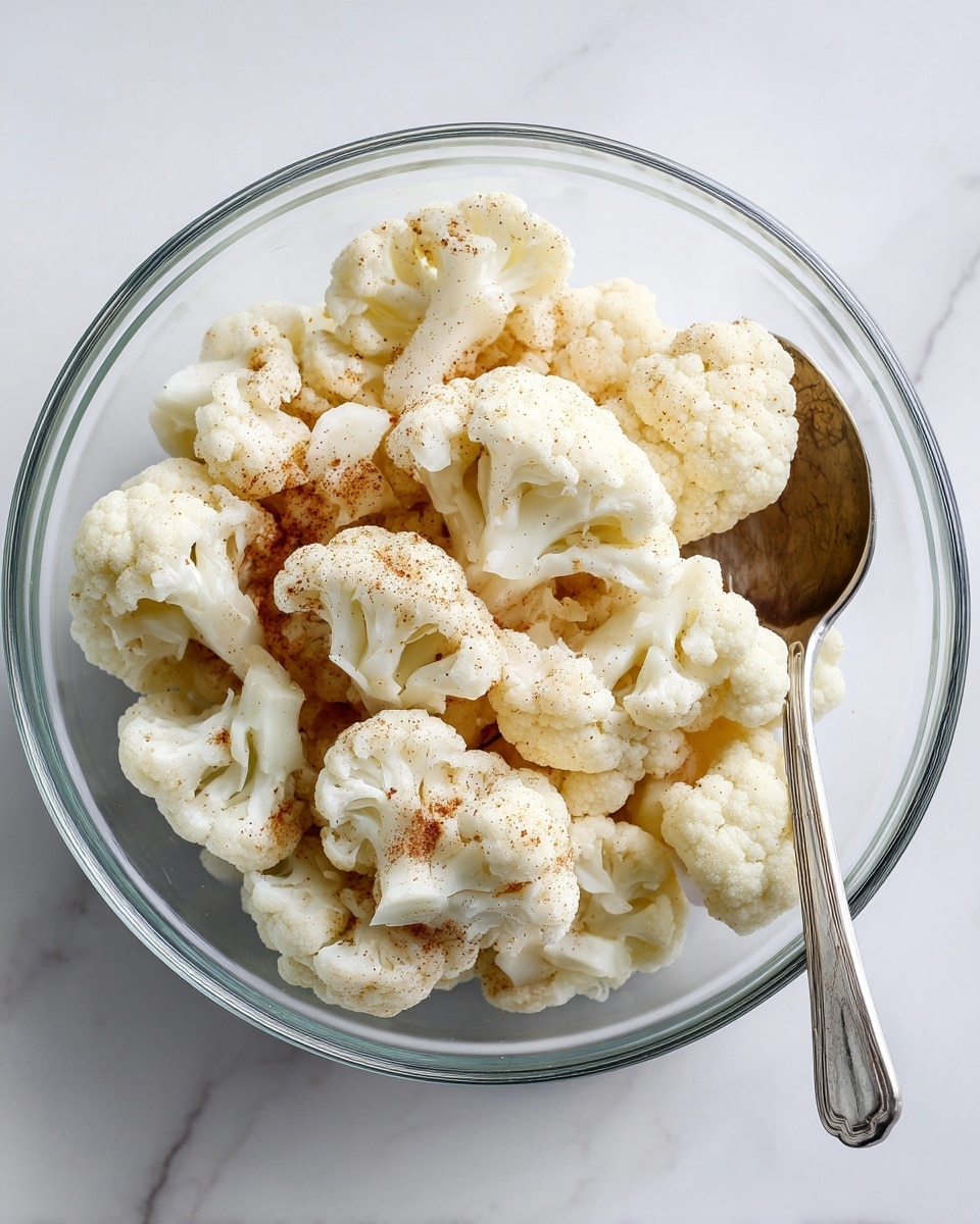 A clear glass bowl filled with many pieces of raw cauliflower florets coated lightly with a sprinkle of brownish spice, creating a slightly textured surface on the white cauliflower. A silver spoon rests inside the bowl, positioned on the right side with its handle pointing outward. The bowl is placed on a white marbled surface with subtle gray veins. The light evenly lights the scene, showing the natural colors and textures of the cauliflower and glass bowl. photo taken with an iphone --ar 4:5 --v 7