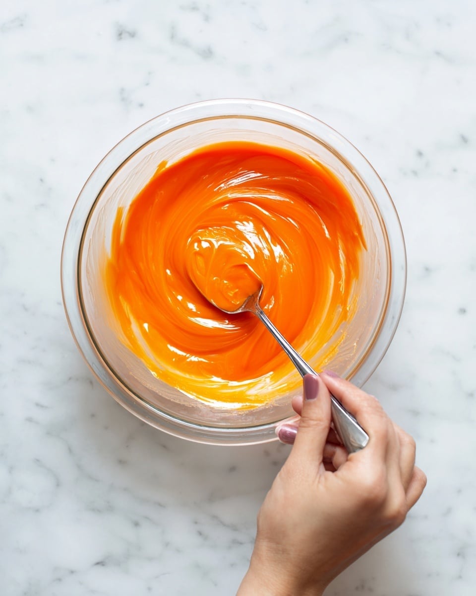 A clear glass bowl holds a smooth, thick layer of bright orange liquid with a shiny surface that swirls slightly where a silver spoon lightly stirs it. A woman's hand grips the spoon’s handle, positioned near the bottom right corner. The bowl sits on a white marbled surface, creating a clean and bright setting. photo taken with an iphone --ar 4:5 --v 7