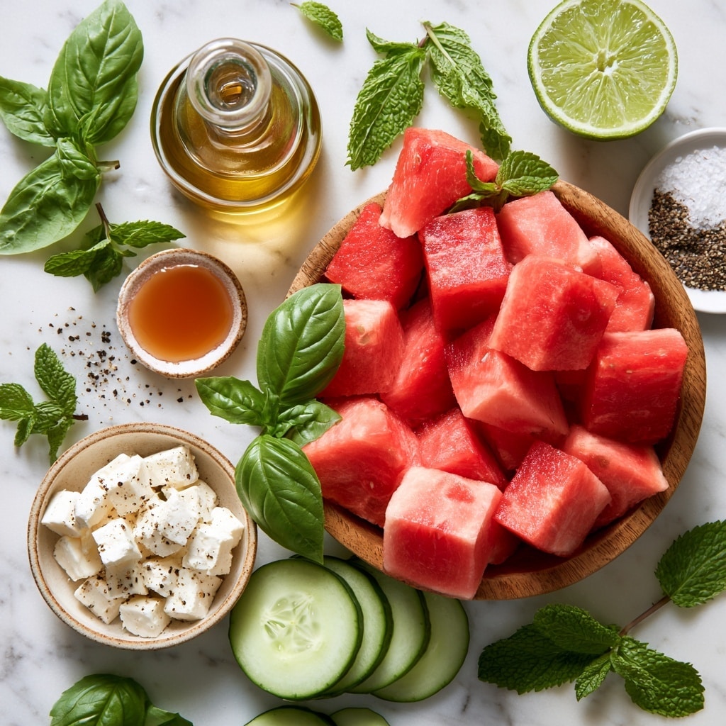 A wooden bowl filled with four layers of fresh ingredients arranged side by side: bright red watermelon cubes on the left, chopped leafy green herbs above, white tofu cubes to the right, and dark green cucumber slices forming a semicircle in the bottom center. The bowl sits on a white marbled surface. photo taken with an iphone --ar 4:5 --v 7
