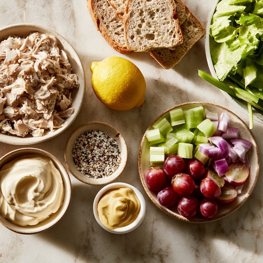 The image shows a white bowl with five distinct layers of ingredients arranged in separate sections. Starting from the top left, there is a layer of shredded pale beige chicken. Next to it on the right is a layer of finely chopped purple-red onions. Below the onions is a heap of bright green diced celery. Under the celery is a section of dark red halved grapes with their insides visible. To the left of the grapes is a dollop of creamy white mayonnaise topped with a sprinkling of black poppy seeds, white sesame seeds, and dried onion flakes. These layers sit on a few more shredded pieces of chicken visible under the toppings, all placed on a white marbled surface. photo taken with an iphone --ar 4:5 --v 7
