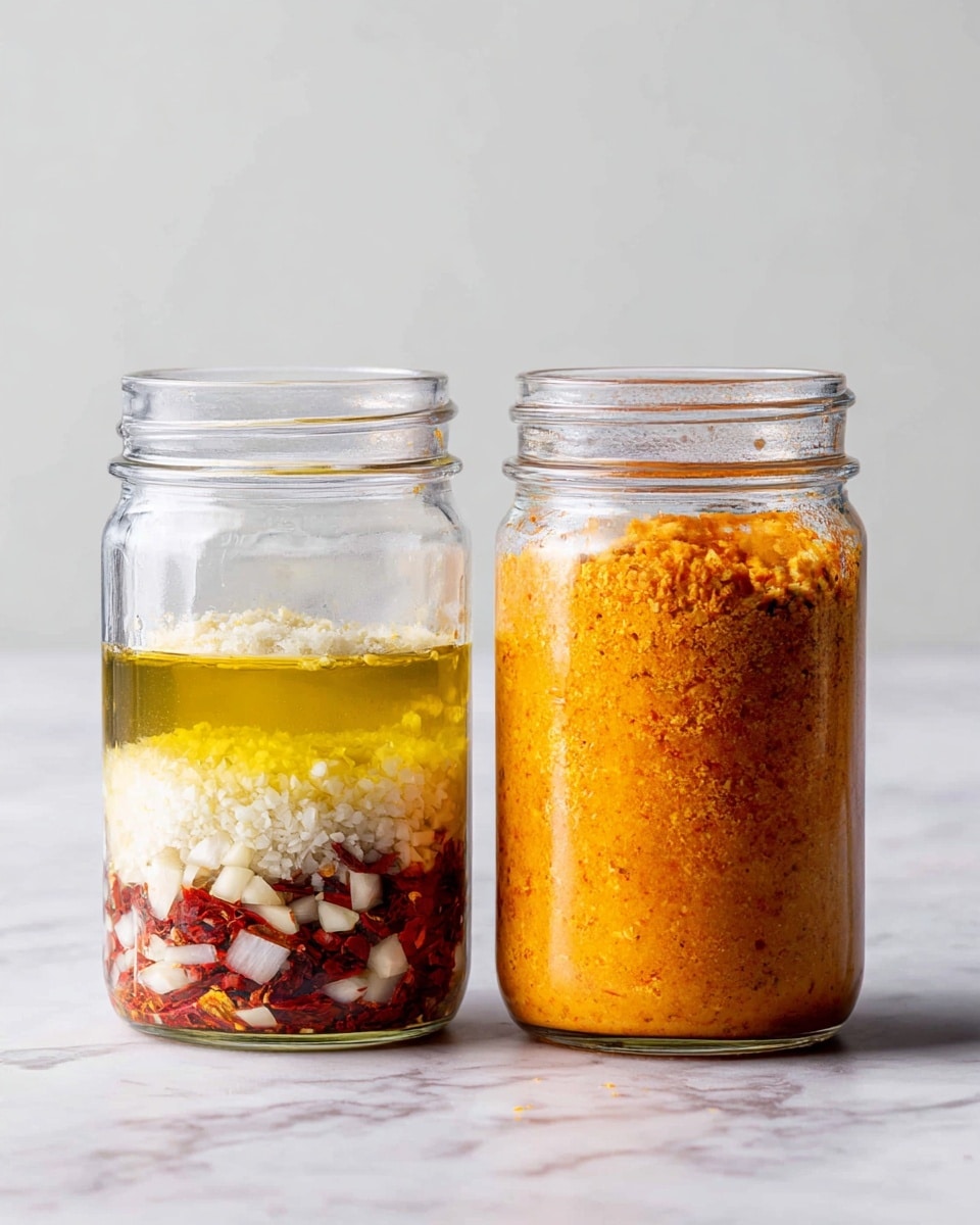 Two clear glass jars sit side by side on a white marbled surface with a light neutral background. The jar on the left shows three distinct layers: at the bottom is a mixture of red and white small pieces, likely garlic and chili, followed by a bright yellow oily layer in the middle, and topped with a finely grated white powder layer. The jar on the right contains an even orange mixture with a slightly grainy texture filling about half of the jar, indicating the ingredients from the left jar have been stirred together. photo taken with an iphone --ar 4:5 --v 7
