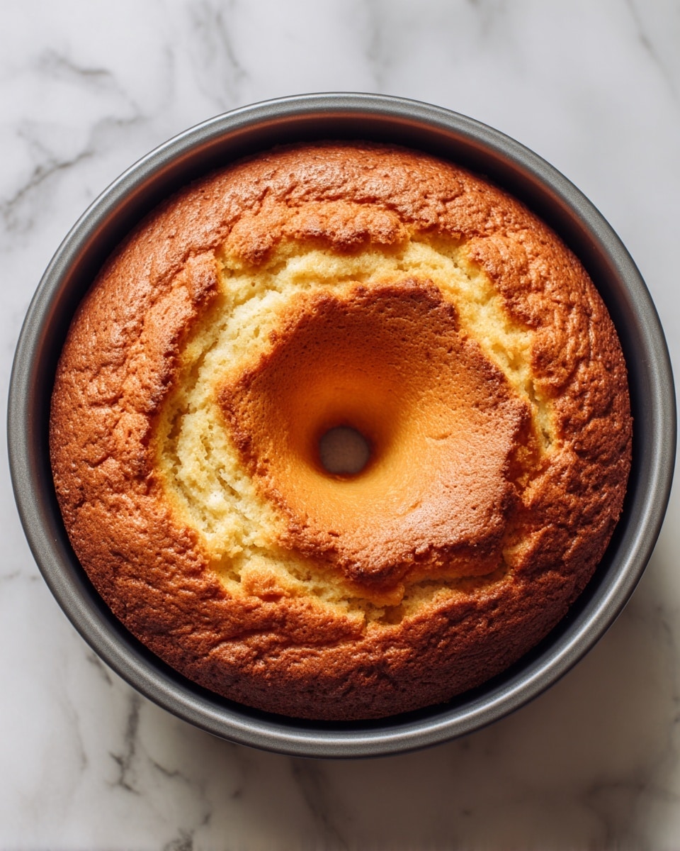 A golden brown cake with a slightly cracked top, baked in a round gray bundt pan with a hollow center. The cake has a light, airy texture with a smooth surface, showing some white spots where the top cracked open. The pan sits on a white marbled surface. photo taken with an iphone --ar 4:5 --v 7