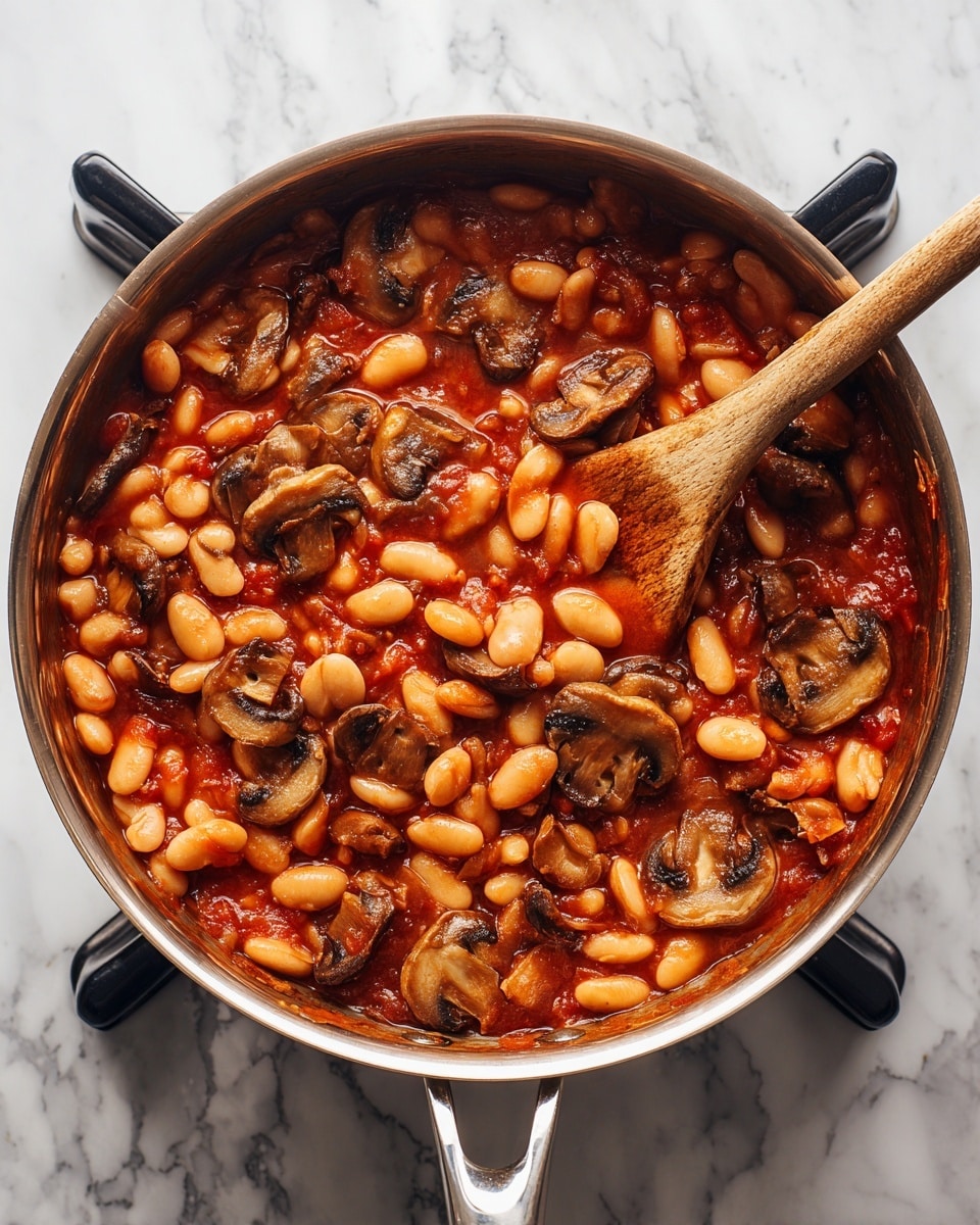 The image shows a metallic pan filled with cooked white beans and sliced mushrooms in a thick red tomato sauce. The beans look soft and slightly shiny, mixed well with the dark brown, tender mushroom slices. A wooden spoon rests inside the pan, partially covered in the rich sauce. The pan is placed on a stove with black handles visible, and the background is a smooth white marbled texture. photo taken with an iphone --ar 4:5 --v 7