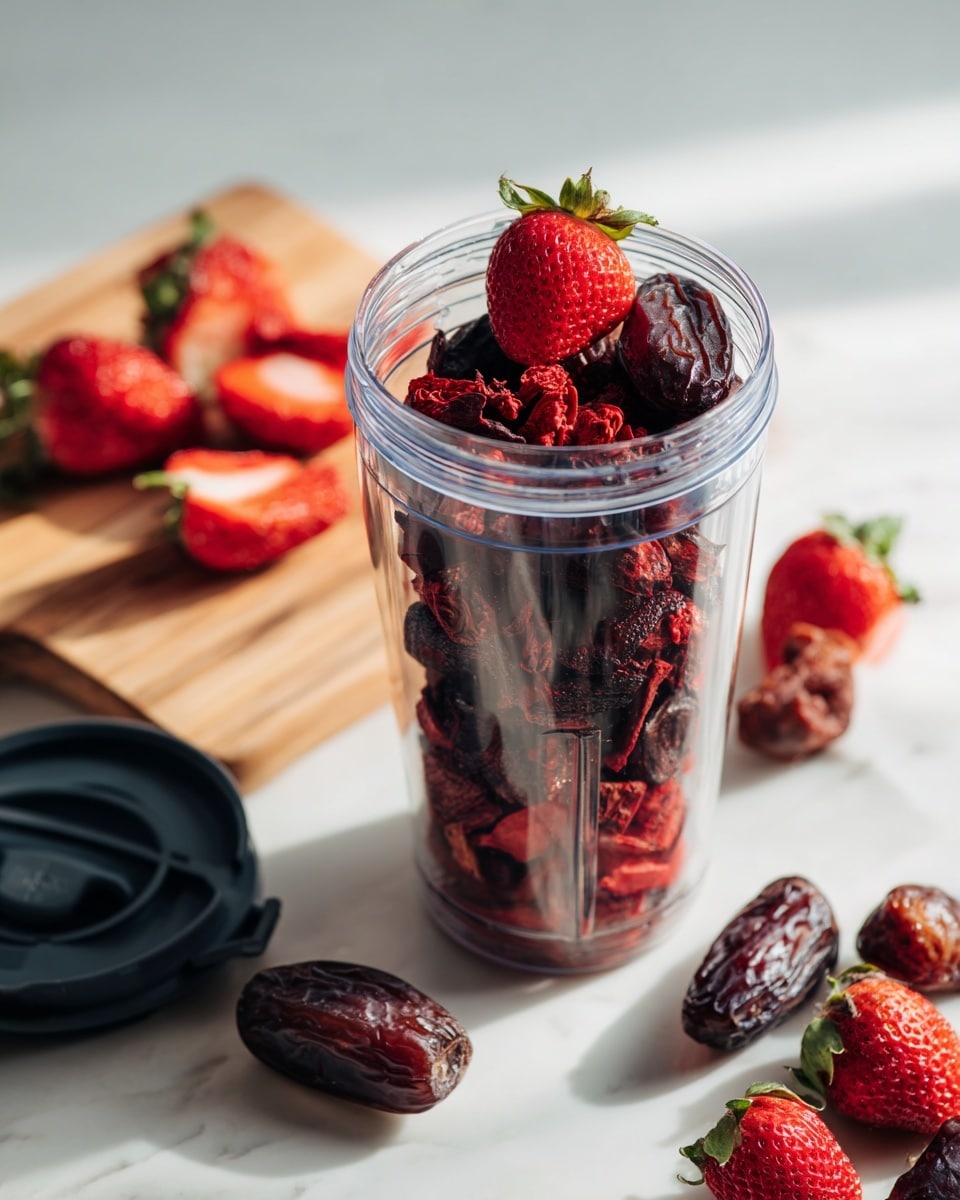 A clear blender cup sits on a white marbled surface filled with layers of dried red strawberry pieces and whole dark brown dates, with a single fresh red strawberry nestled among them. To the upper left, a wooden cutting board holds several halved fresh strawberries with green leafy tops. The black blender lid lies to the lower left of the cup. The scene is bright and clean, highlighting the rich red and brown colors against the pale background, photo taken with an iphone --ar 4:5 --v 7