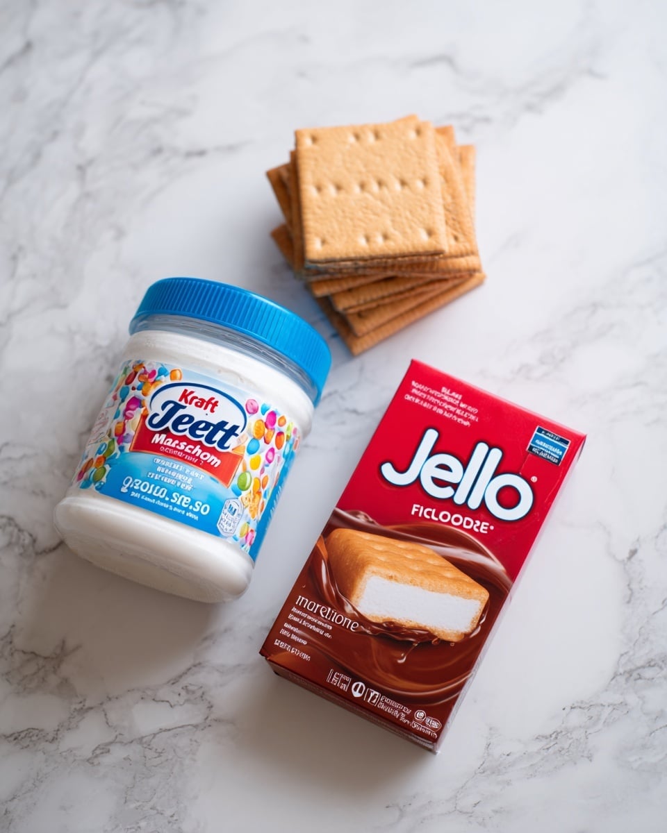 The image shows three items on a white marbled surface: a white jar of Kraft Jet-Puffed Marshmallow Creme with a blue lid and colorful label on the left, a box of JELL-O chocolate instant pudding in red and brown colors on the right, and a stack of rectangular graham crackers with a light brown color placed above the jar and box. The arrangement is simple and clear. photo taken with an iphone --ar 4:5 --v 7