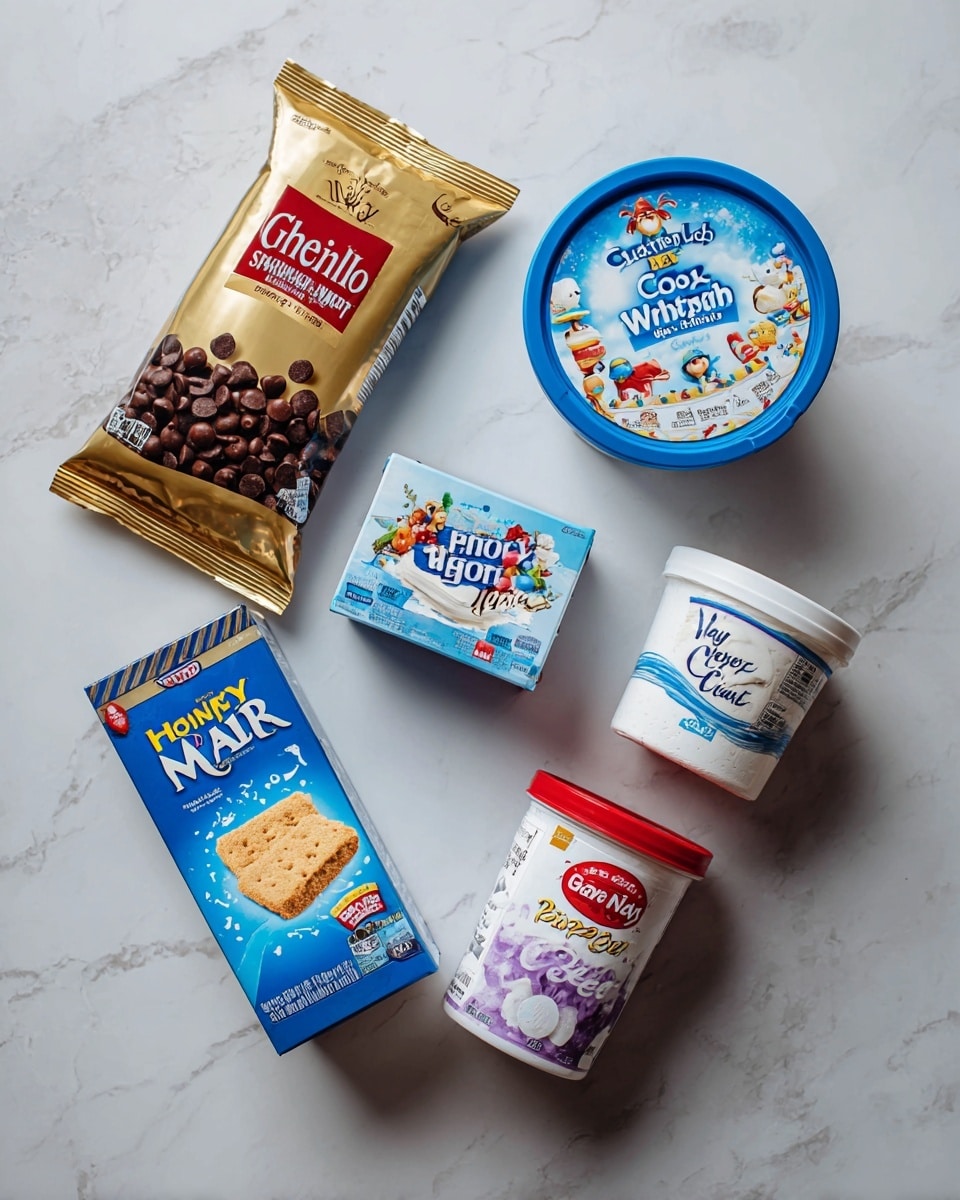 The image shows a collection of six packaged ingredients arranged on a white marbled surface. At the top left, there is a gold bag of Ghirardelli semi-sweet chocolate chips, displaying small chocolate chip images. To the right, a round container of Cool Whip Original with a blue lid and label featuring various dessert icons. Below the chocolate chips, there is a blue box of Honey Maid graham crackers with a picture of a single cracker on its front. To its right, a blue and white rectangular pack of Great Value cream cheese in a two-pack set. Below the cream cheese, a white jar of Jet-Puffed marshmallow creme with colorful label art and a purple lid. Finally, at the bottom right is a small red and white carton of Great Value heavy whipping cream showing an image of a bowl of cream on the front. photo taken with an iphone --ar 4:5 --v 7