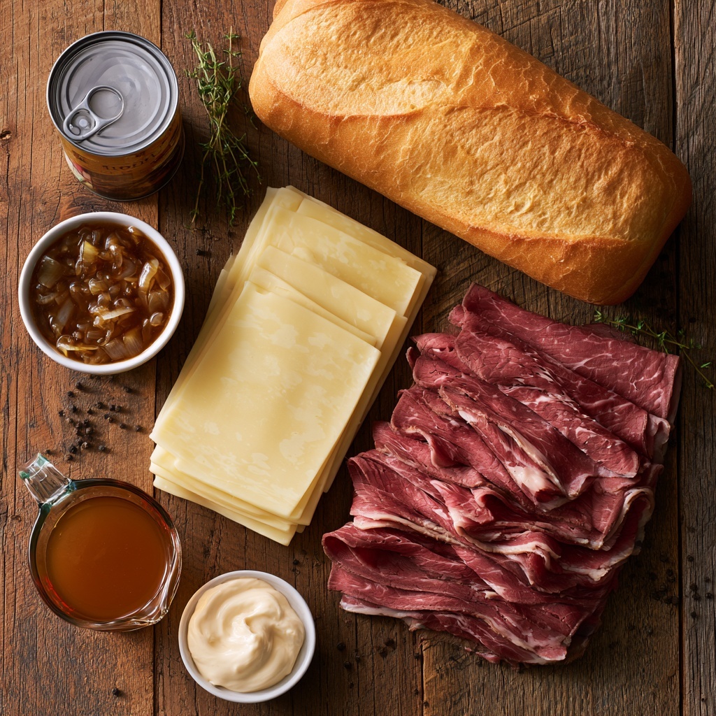 A close-up image of a sandwich being held by a woman's hand, showing a soft, golden-brown hoagie roll with a tender, thin layer of cooked beef inside. A melted light yellow cheese layer rests on the beef, slightly soaking into the inside of the bread. The sandwich is dipped into a small clear glass bowl filled with a dark brown broth or sauce at the bottom center. A few light yellow potato chips can be seen blurred in the background on a white marbled surface. Photo taken with an iphone --ar 4:5 --v 7