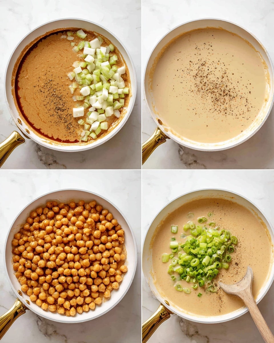 The image shows four stages of making a chickpea dish in a white pan with a golden handle on a white marbled surface. The first stage has several layers: a brown sauce at the bottom, a tan thick layer in the middle, and white chunks on top. The second stage is a smooth pale beige liquid evenly spread in the pan. The third shows the same beige liquid with many light brown chickpeas spread on top. The last stage adds a pile of chopped green spring onions and some black pepper on the chickpeas and sauce, with a wooden or beige spoon partially visible on the right side of the pan. photo taken with an iphone --ar 4:5 --v 7