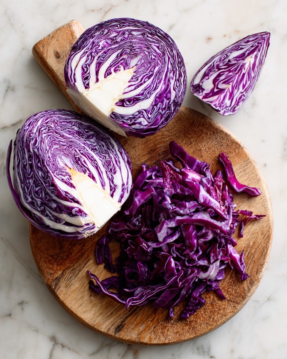 The image shows two parts side by side on a white marbled surface. On the left side, there are three pieces of purple cabbage with white veins placed on a round wooden cutting board; two larger pieces are cut in half, showing their layers and texture, and one smaller piece is a single leaf. On the right side, the same wooden cutting board holds a pile of thinly sliced purple cabbage, revealing its curly, fibrous texture and bright colors. photo taken with an iphone --ar 4:5 --v 7