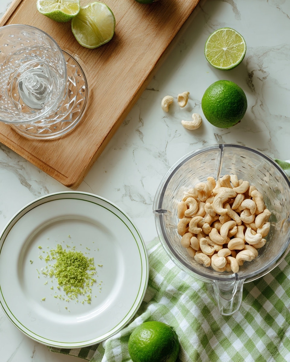 The image shows a top view of a food preparation scene on a white marbled surface. On the right, there is a transparent blender bowl filled with light beige cashew nuts sitting on a green and white checkered cloth. To the left, on a wooden cutting board, there is a clear glass citrus juicer with a half-squeezed lime nearby and a whole lime closer to the frame's edge. In the center, a white plate with a thin green line near the rim holds a small pile of finely grated green lime zest. Another whole lime and a green and white checkered cloth are visible around the board, completing the fresh and natural setting. Photo taken with an iphone --ar 4:5 --v 7