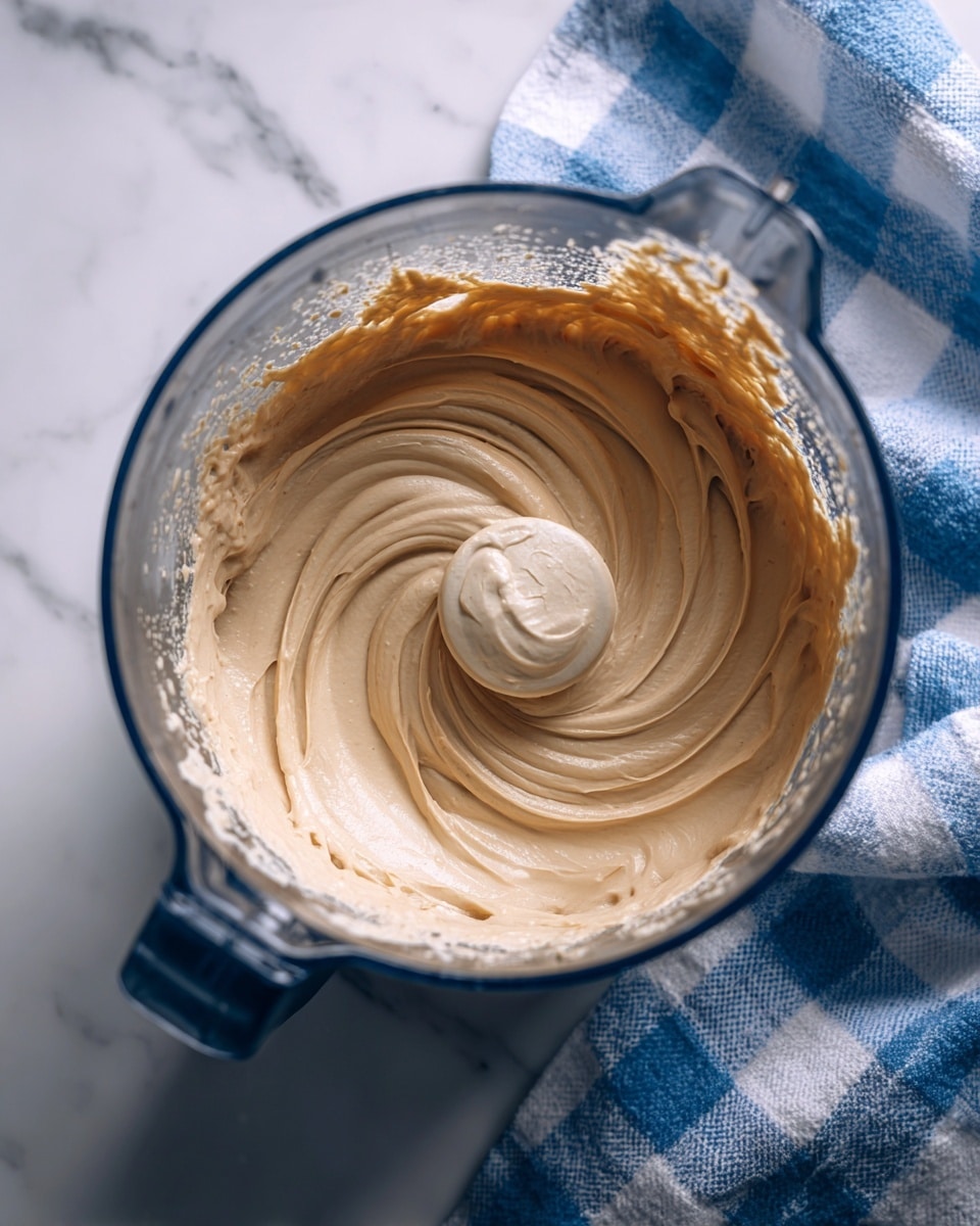 The image shows a close-up view inside a blender with a thick, creamy light beige mixture with a smooth, swirled texture. The blender is on a white marbled surface with a blue and white checkered cloth nearby. The mixture fills the blender jar about halfway, with some splashes on the sides. photo taken with an iphone --ar 4:5 --v 7