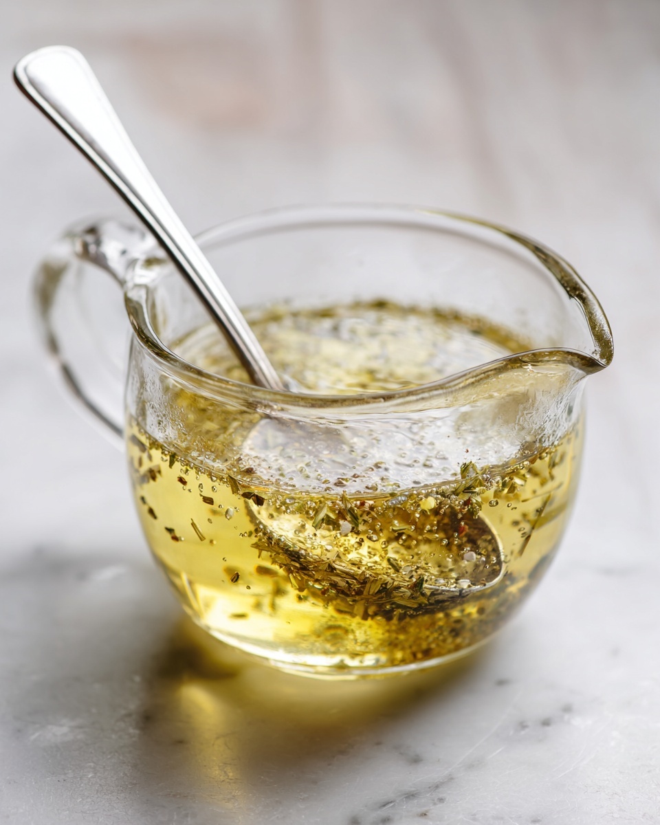 A clear glass measuring cup filled with a bubbly, light yellow liquid that has small herbs and spices mixed in. A shiny silver spoon is resting inside the liquid on the left side, partially submerged. The measuring cup sits on a white marbled surface with a soft focus on a wooden background beyond it. The texture of the liquid looks slightly oily and mixed with fine particles. photo taken with an iphone --ar 4:5 --v 7