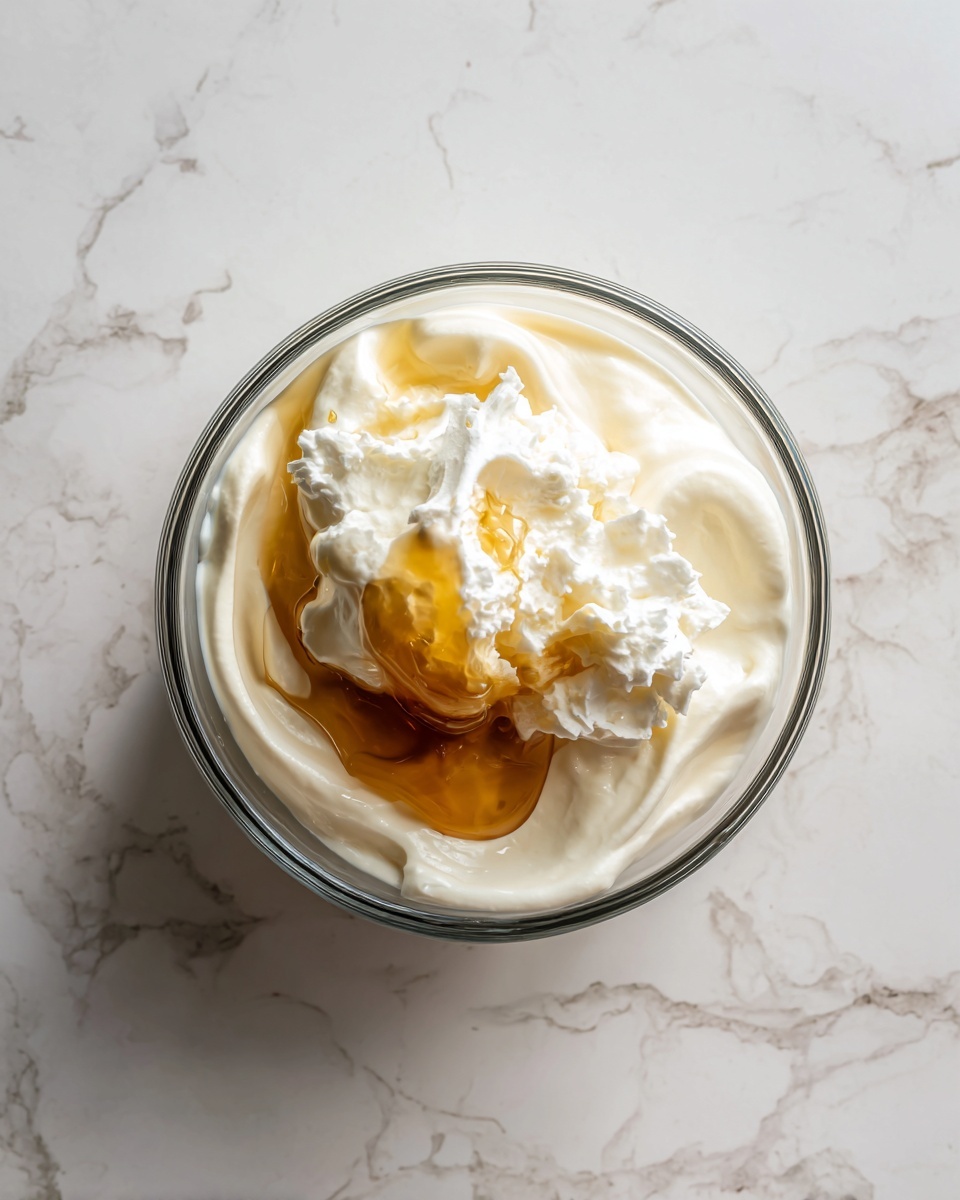 A clear glass bowl filled with three visible layers: a thick white creamy layer taking up most of the space, a dollop of soft white cream with a fluffy texture on one side, and a golden amber honey drizzle slightly overlapping the cream. The bowl is placed on a white marbled surface. Photo taken with an iphone --ar 4:5 --v 7