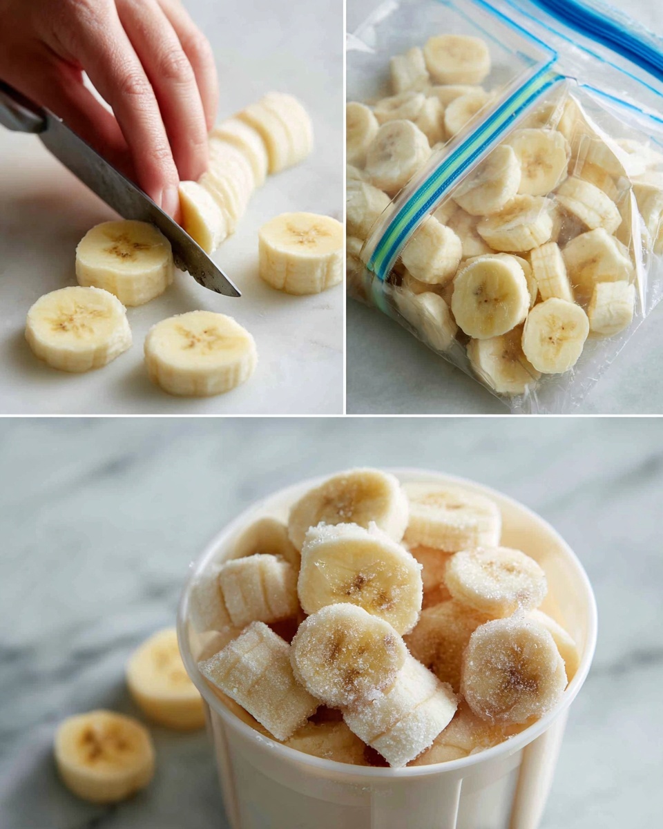 The image shows three close-up views of bananas being prepared. On the left, a woman's hand is gently slicing a peeled banana into even round pieces on a white marbled surface, with the knife mid-cut. On the top right, several banana slices with pale yellow color and soft texture are inside a clear plastic bag with a blue-green zipper. On the bottom right, frozen banana slices covered in a light frost are piled inside a white measuring cup, showing a rougher texture and slightly darker spots. Photo taken with an iphone --ar 4:5 --v 7