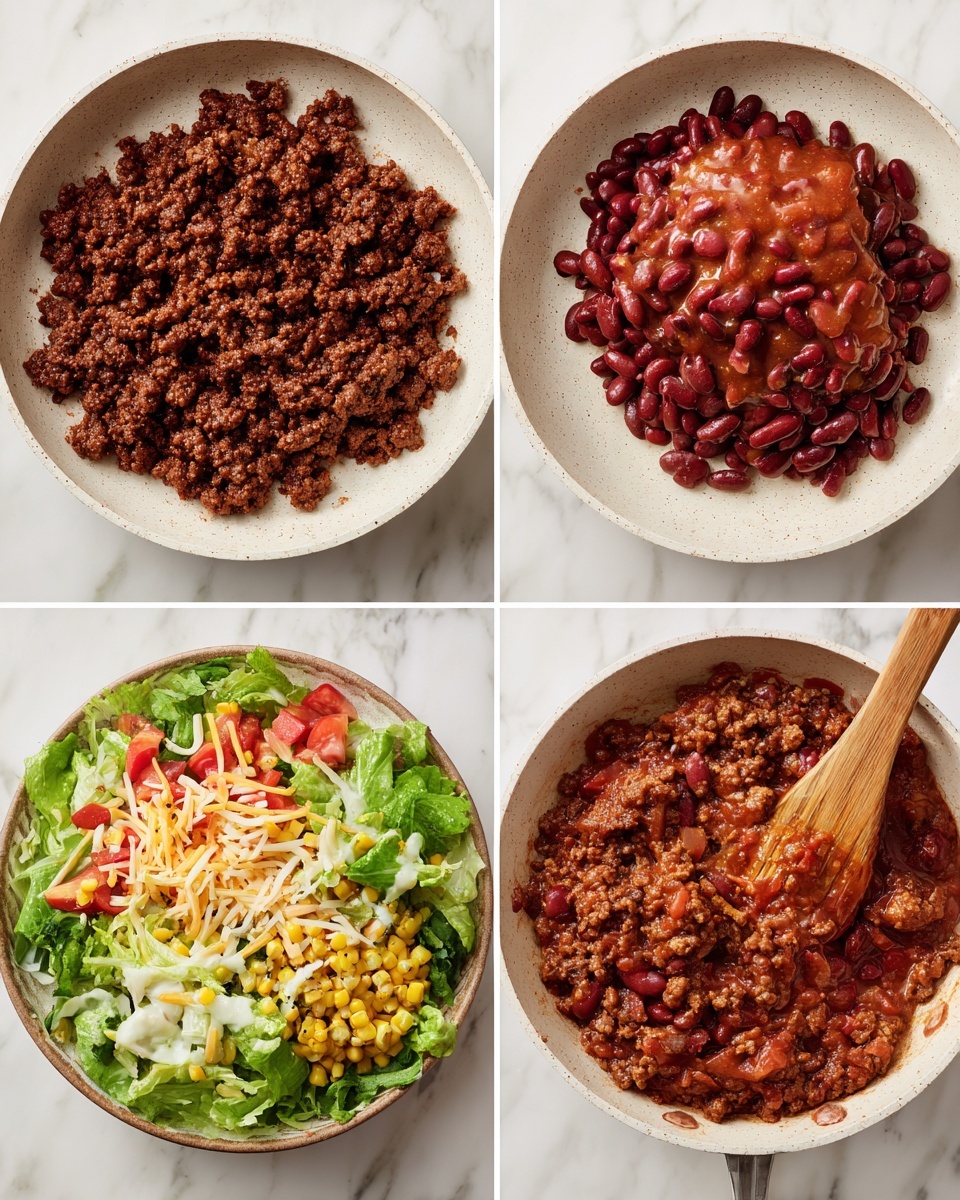 The image shows four steps of making a dish in separate frames on a white marbled surface. The first frame has one layer of dark brown cooked ground meat spread evenly in a white pan with a rough texture. The second frame adds a layer of red beans and thick red sauce piled in the center of the cooked meat layer in the same pan. In the third frame, the beans and sauce are mixed into the meat, forming a combined dark reddish-brown, chunky mixture being stirred with a wooden spatula. The last frame shows a full plate of salad with multiple layers: a bottom layer of fresh green lettuce leaves, scattered yellow corn, light pinkish chopped tomatoes, finely chopped light brown meat, orange shredded cheese, and a light drizzled sauce on top. photo taken with an iphone --ar 4:5 --v 7
