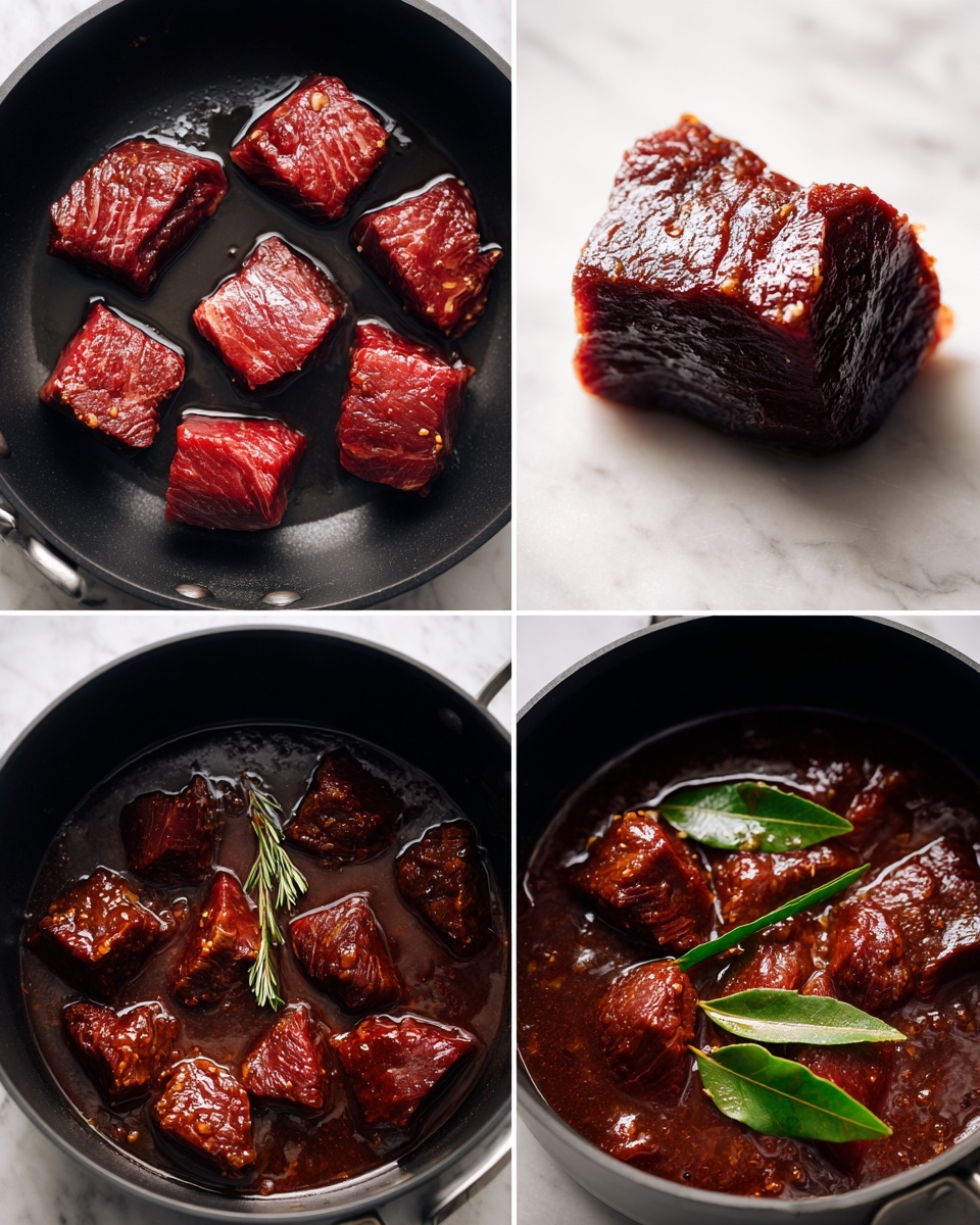 The image shows four close-up steps of cooking dark red beef cubes in a black pan and pot on a white marbled texture. The first image has five raw beef cubes with shiny red surfaces and some white fat on top, spread out in the pan. The second image zooms in on one cooked beef cube with dark brown outer edges and a rough, cooked texture. The third image shows the beef cubes in a black pot in dark brown sauce, with a few bright green bay leaves floating on top. The fourth image shows the beef cubes in the pot fully covered in thick dark reddish-brown sauce with no leaves visible. photo taken with an iphone --ar 4:5 --v 7