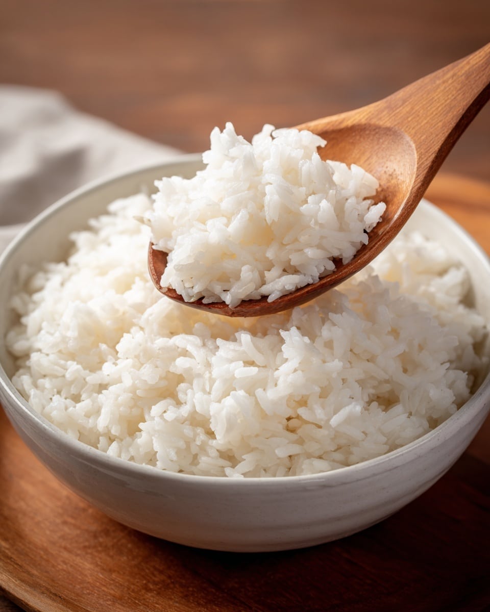 A close-up view of a white round bowl filled with fluffy, cooked white rice, showing the grains clearly separate but soft in texture. Inside the bowl, a wooden spoon lifts a scoop of rice from the center, with the spoon handle extending out to the right. The bowl is placed on a brown wooden surface. The rice looks moist and slightly shiny, with no added ingredients or layers visible. photo taken with an iphone --ar 4:5 --v 7