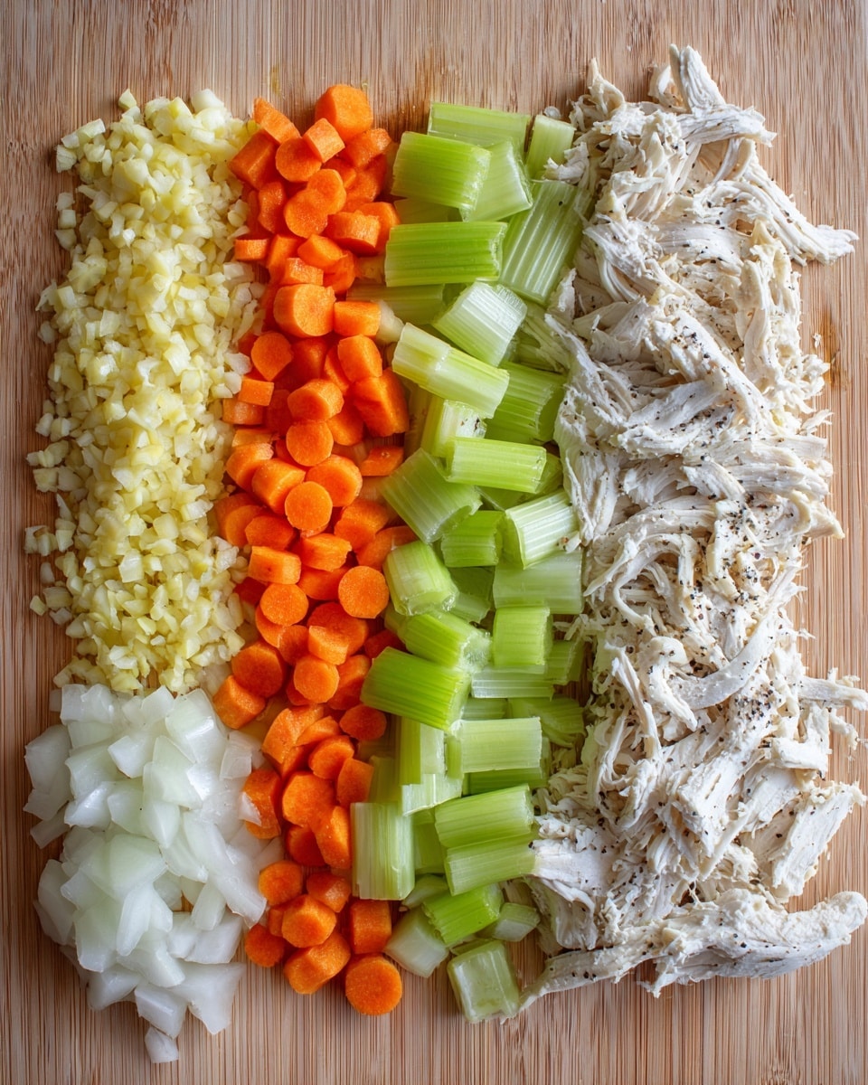The image shows four layers of ingredients arranged in neat rows on a wooden cutting board. From left to right, the first layer has small chopped pieces of light yellow garlic, followed by thin rounds of bright orange carrots. Next is a layer of sliced fresh celery with a light green color and slight shine. The fourth layer has small white chopped onions with a slightly translucent texture. The last layer on the right is shredded white chicken with some black pepper visible on the meat. The cutting board has a natural light brown wood grain pattern. photo taken with an iphone --ar 4:5 --v 7