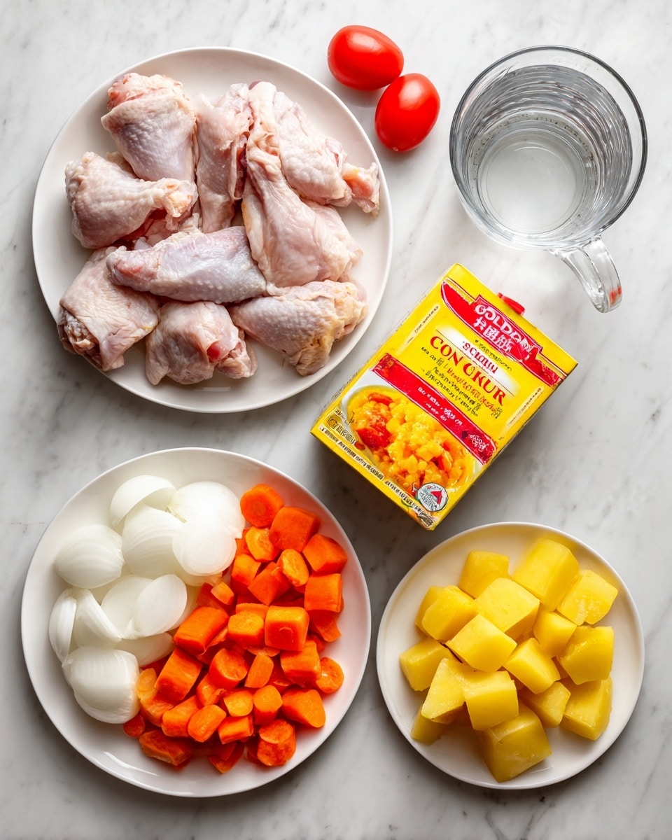 The image shows ingredients arranged neatly on a white marbled surface. On the left, a white plate holds pieces of raw chicken, pale pink with slight fat. Above it, two red tomatoes sit on a small white plate. At the top center, a bright yellow and red box of Golden Curry Japanese Curry Mix is placed. To the right, a white plate holds three sections: white onion chunks on the left, bright orange carrot pieces on the top right, and yellow potato pieces on the bottom right. At the top right corner, there is a clear glass measuring cup filled with water. photo taken with an iphone --ar 4:5 --v 7