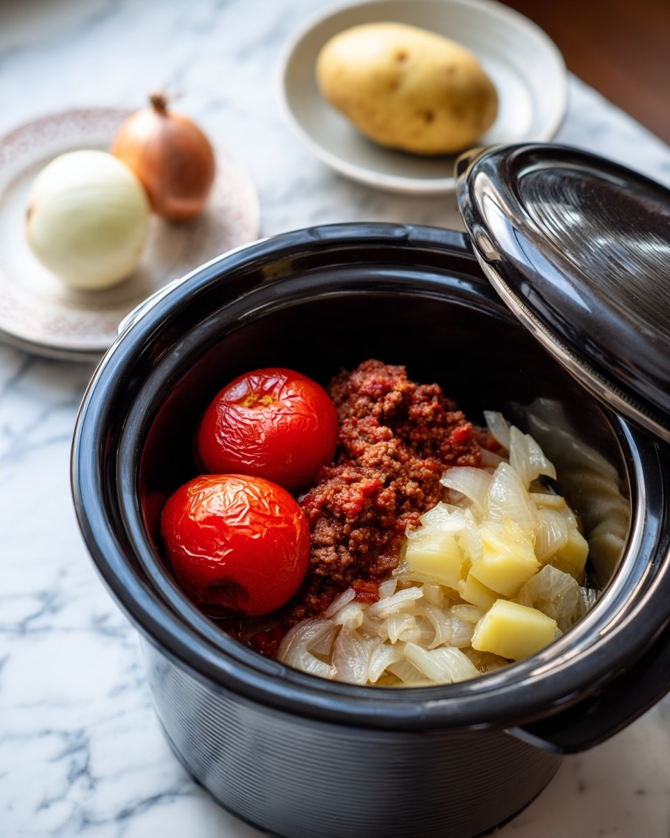 The image shows a black rice cooker with its lid open, revealing a soup inside. The soup has three main visible layers: at the bottom, there are pieces of translucent yellow onion with soft texture; in the middle, a brown chunky layer of cooked minced meat sits; and on the top, there are two bright red whole tomatoes with a slightly wrinkled surface. The rice cooker is on a white marbled surface, and in the background, there is a white plate holding a half onion and a yellow potato. The photo taken with an iphone --ar 4:5 --v 7