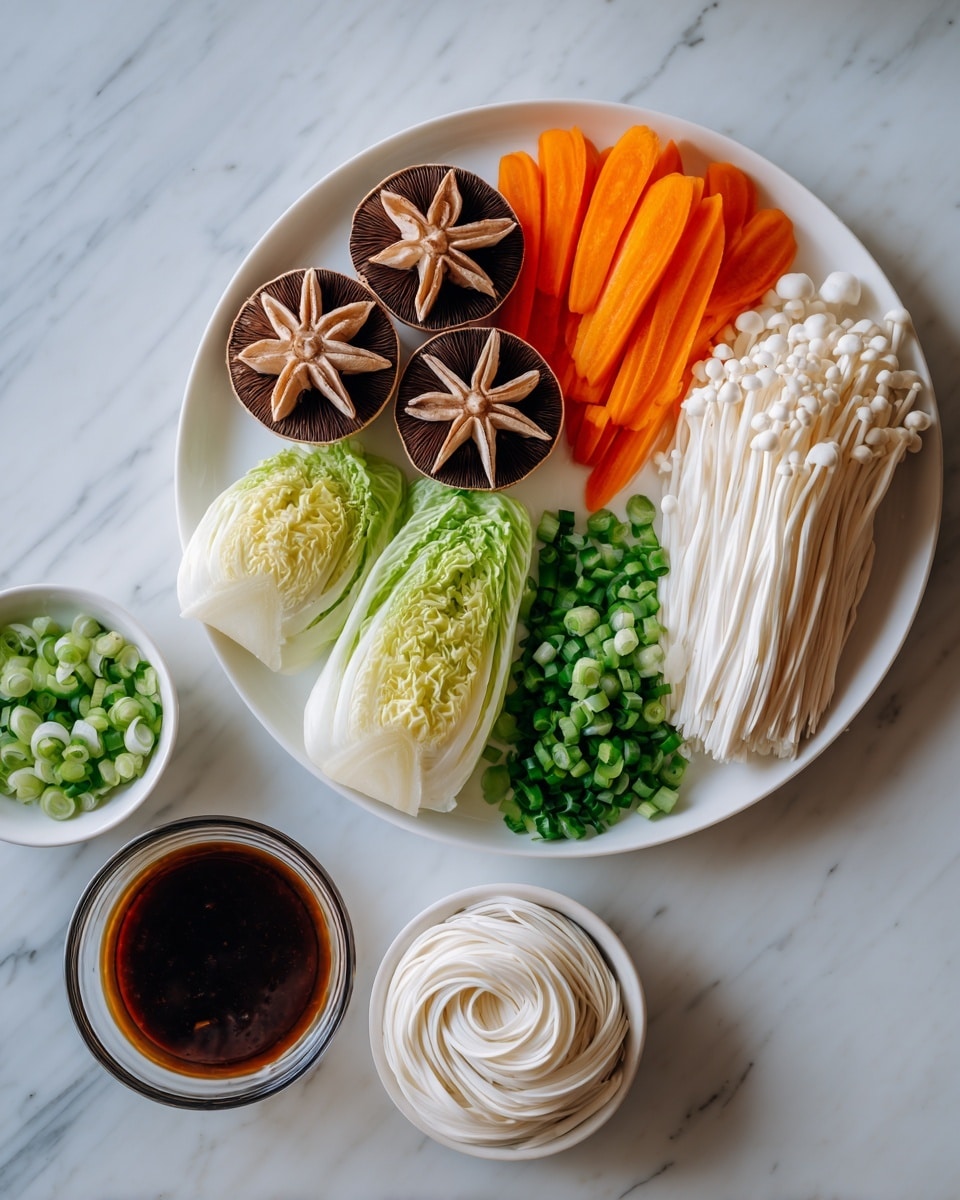 A white plate holds a colorful arrangement of fresh vegetables and mushrooms: on the left, three brown shiitake mushrooms with star-shaped cuts on top, next to long orange carrot slices; above them are bright green napa cabbage leaves layered thinly in a fan shape; to the right are white enoki mushrooms in tight clusters, and chopped green onions nestled between the carrots and enoki mushrooms. Around the plate on a white marbled surface are three small white bowls: one filled with white noodles coiled in a neat pile, one with chopped green onions, and a small glass bowl containing a dark brown broth. photo taken with an iphone --ar 4:5 --v 7