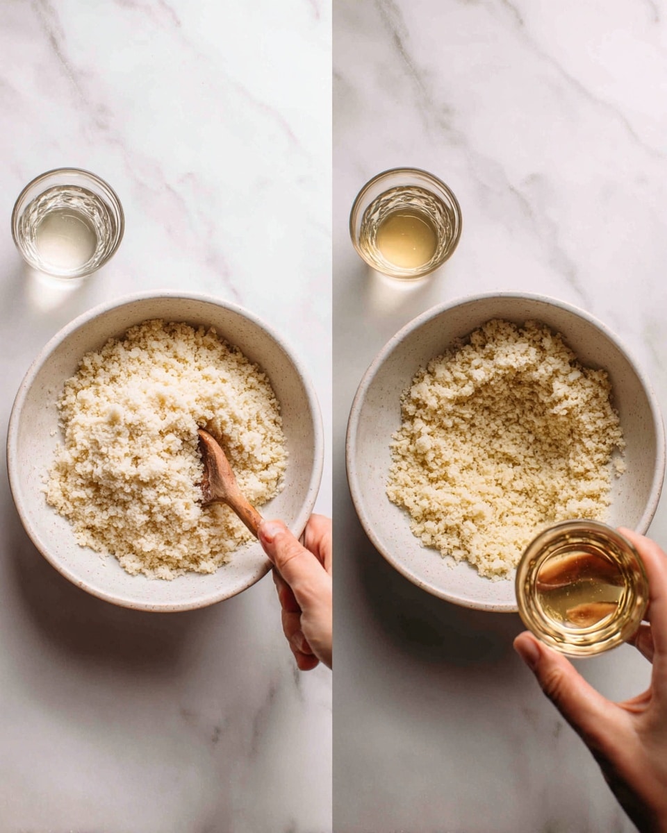 A two-image collage shows the process of melting chocolate and butter in a silver metal bowl placed on a black hot plate with buttons and a digital display. The left image shows dark chocolate chips and light yellow butter chunks separate inside the bowl on the white marbled surface background. The right image shows the melted smooth dark brown chocolate and butter mixture inside the bowl being stirred by a pink spatula held by a woman's hand. The black hot plate is still underneath, and the white marbled surface is visible around. photo taken with an iphone --ar 4:5 --v 7