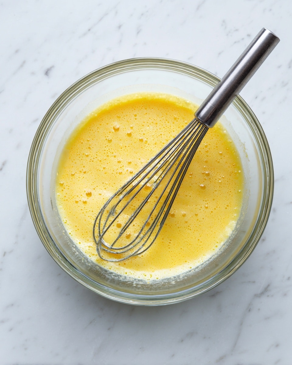 A clear glass bowl filled with a yellow, smooth, and slightly bubbly liquid mixture with a shiny texture, likely beaten eggs, sits on a white marbled surface. Inside the bowl is a metal whisk with a shiny silver handle resting diagonally, partially submerged in the mixture. The background continues the white marbled texture, providing a clean and bright setting. photo taken with an iphone --ar 4:5 --v 7