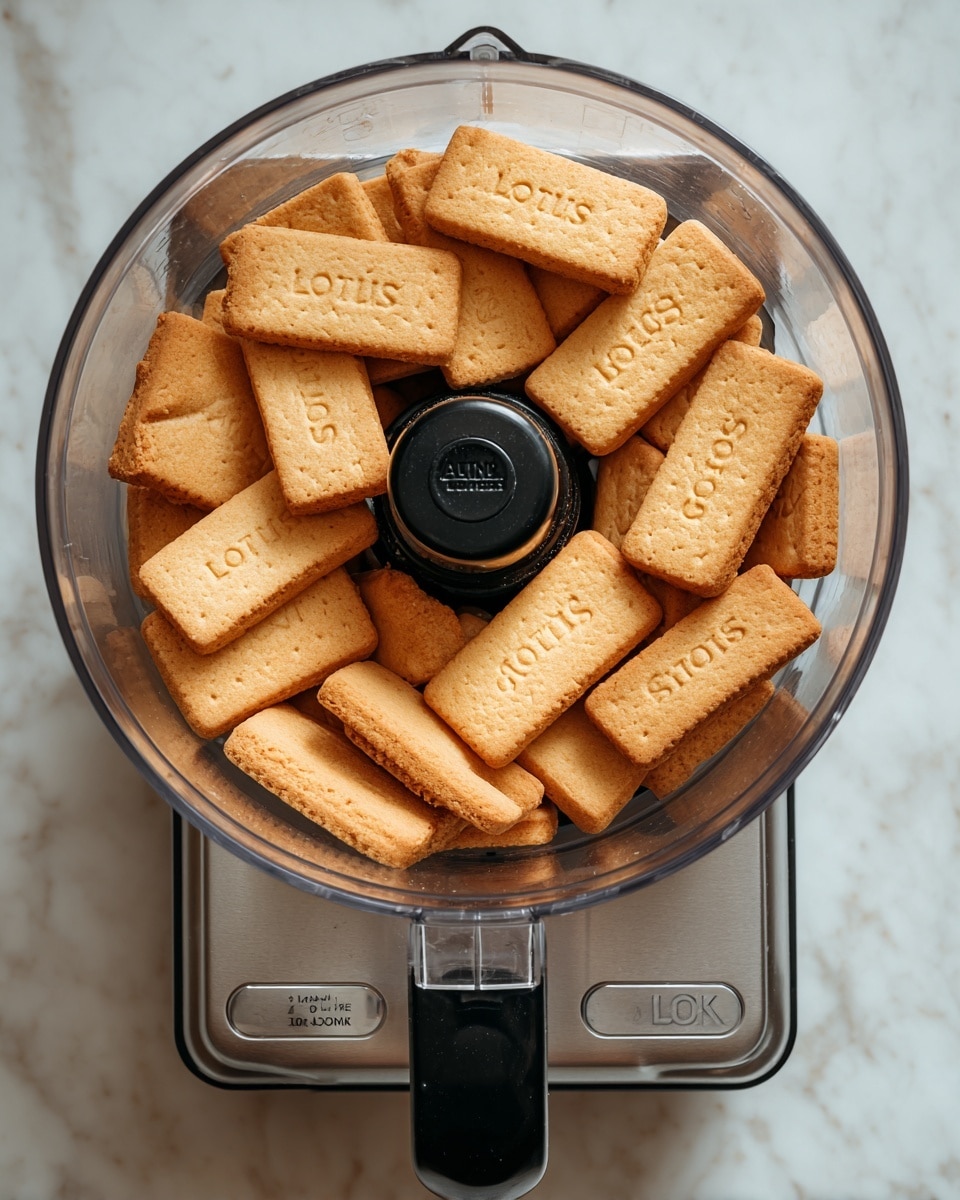 A top view of a transparent food processor bowl filled with a single layer of whole golden brown rectangular biscuits with the word