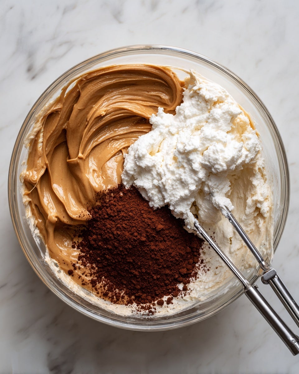 A clear glass bowl sits on a white marbled surface, filled with three main layers of ingredients before mixing. On the left side, there is a thick, smooth, light brown peanut butter layer with a shiny texture. On the right side, a soft, fluffy white cream layer rests, alongside a small heap of cocoa powder that is dark brown and powdery. The base layer is pale, creamy white and fluffy, visible around the sides and beneath other ingredients. Two metal beaters from a hand mixer are partly immersed in the mixture on the bottom right side of the bowl. Photo taken with an iphone --ar 4:5 --v 7