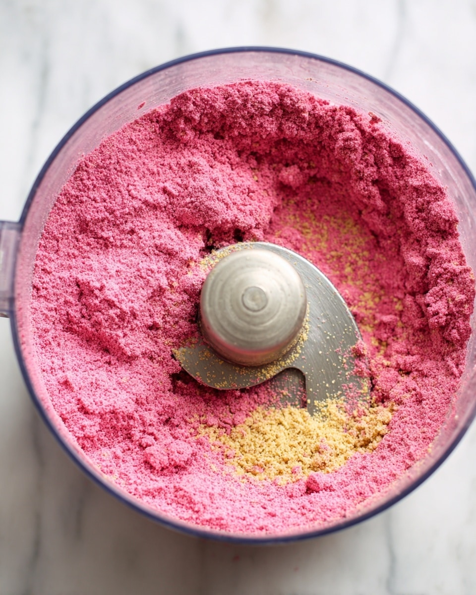 The image shows a close-up top view of a food processor bowl filled with a bright pink powder mixed with some tiny yellowish-brown bits, sitting on a white marbled surface. The powder layer covers the bottom evenly with a soft, slightly grainy texture. The metal blade of the processor is visible inside, resting on top of the powder, partly covered and sprinkled with the pink powder and bits. The inside wall of the clear processor bowl also has a thin dusting of the pink powder. Photo taken with an iphone --ar 4:5 --v 7
