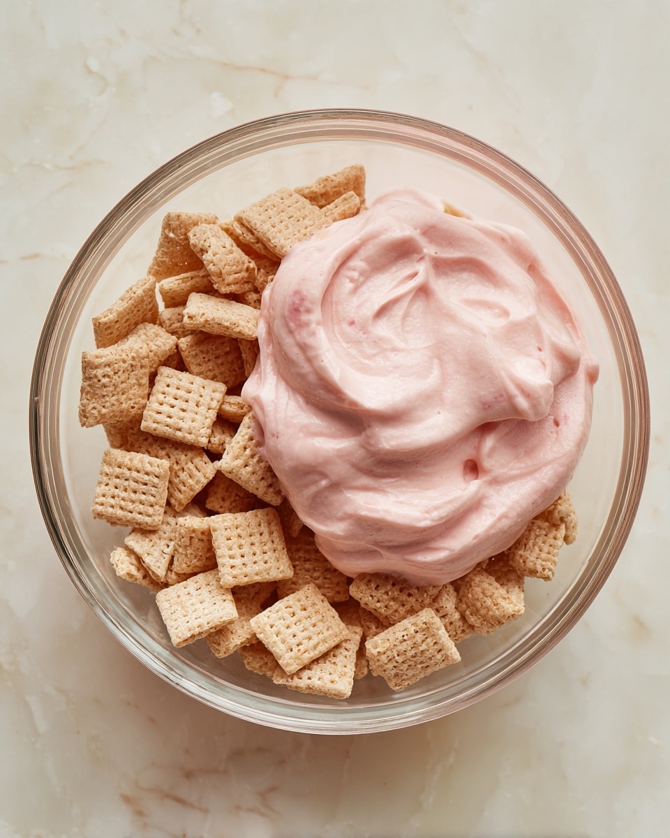 A clear glass bowl holds two layers: the bottom layer is made of square, light brown cereal pieces with a woven texture, evenly spread out; the top layer is a thick, fluffy, pale pink cream dollop sitting on one side, with soft swirls visible on its surface. The bowl is placed on a white marbled texture. photo taken with an iphone --ar 4:5 --v 7