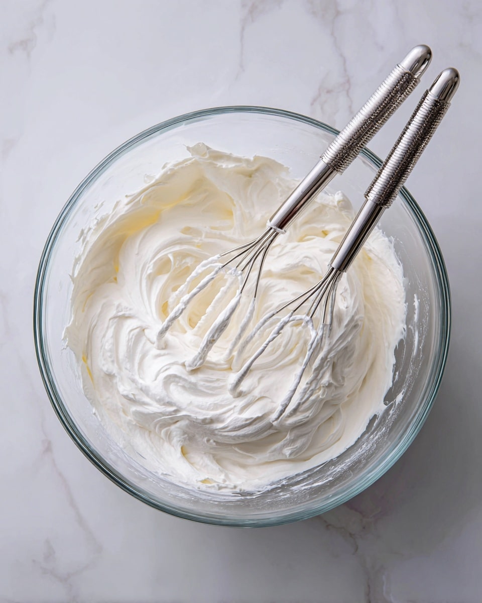A clear glass bowl sits on a white marbled surface, filled with fluffy, white whipped cream that has soft, creamy texture with small peaks. Two silver beaters from a mixer are partially submerged in the whipped cream, coated in the same light and airy mixture. The overall look is smooth with gentle swirls and folds created by the mixing process. Photo taken with an iphone --ar 4:5 --v 7