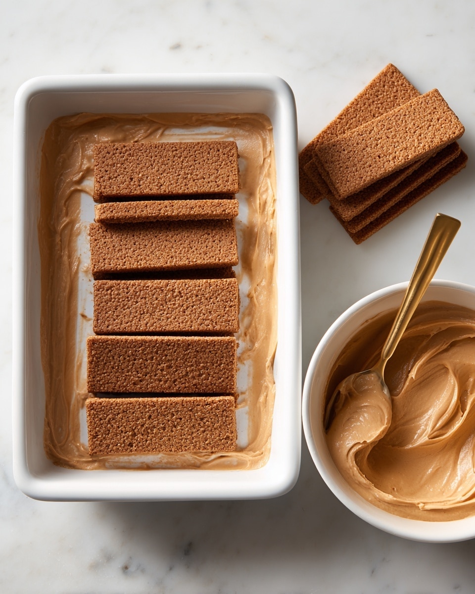 A white rectangular dish on a white marbled surface holds the first layer of a dessert, composed of six evenly placed rectangular chocolate graham crackers arranged in two rows of three. Beneath the crackers, there is a visible layer of creamy light brown filling, which slightly spreads around the edges of the dish. To the right of the dish, a white bowl contains more of the same smooth, whipped light brown cream with a gold spoon resting inside. The scene is lit softly, showing texture on the crackers and cream. Photo taken with an iphone --ar 4:5 --v 7