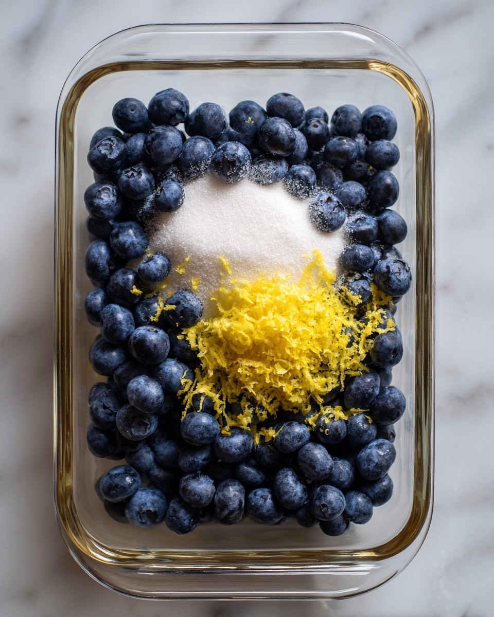 A clear rectangular glass dish holds a single layer of whole blueberries covering the bottom, with a pile of white granulated sugar and a heap of bright yellow lemon zest in the center. The blueberries are dark blue with a smooth, slightly shiny texture. The sugar looks soft and powdery, partially covering some blueberries beneath it. The lemon zest adds a pop of color with its fine, curly strands. The dish is set on a white marbled surface. photo taken with an iphone --ar 4:5 --v 7