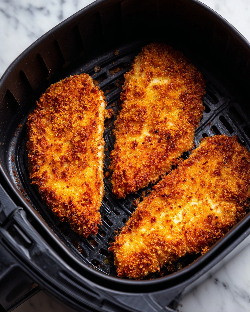 The image shows three crispy golden brown crunchy pieces with a rough, crumb-coated texture inside a black air fryer basket. The pieces look thick and cooked, showing uneven browning on the surface with a mix of dark and light golden colors. The basket’s inner black ridged surface contrasts with the bright crispy pieces. The background is a white marbled texture. photo taken with an iphone --ar 4:5 --v 7