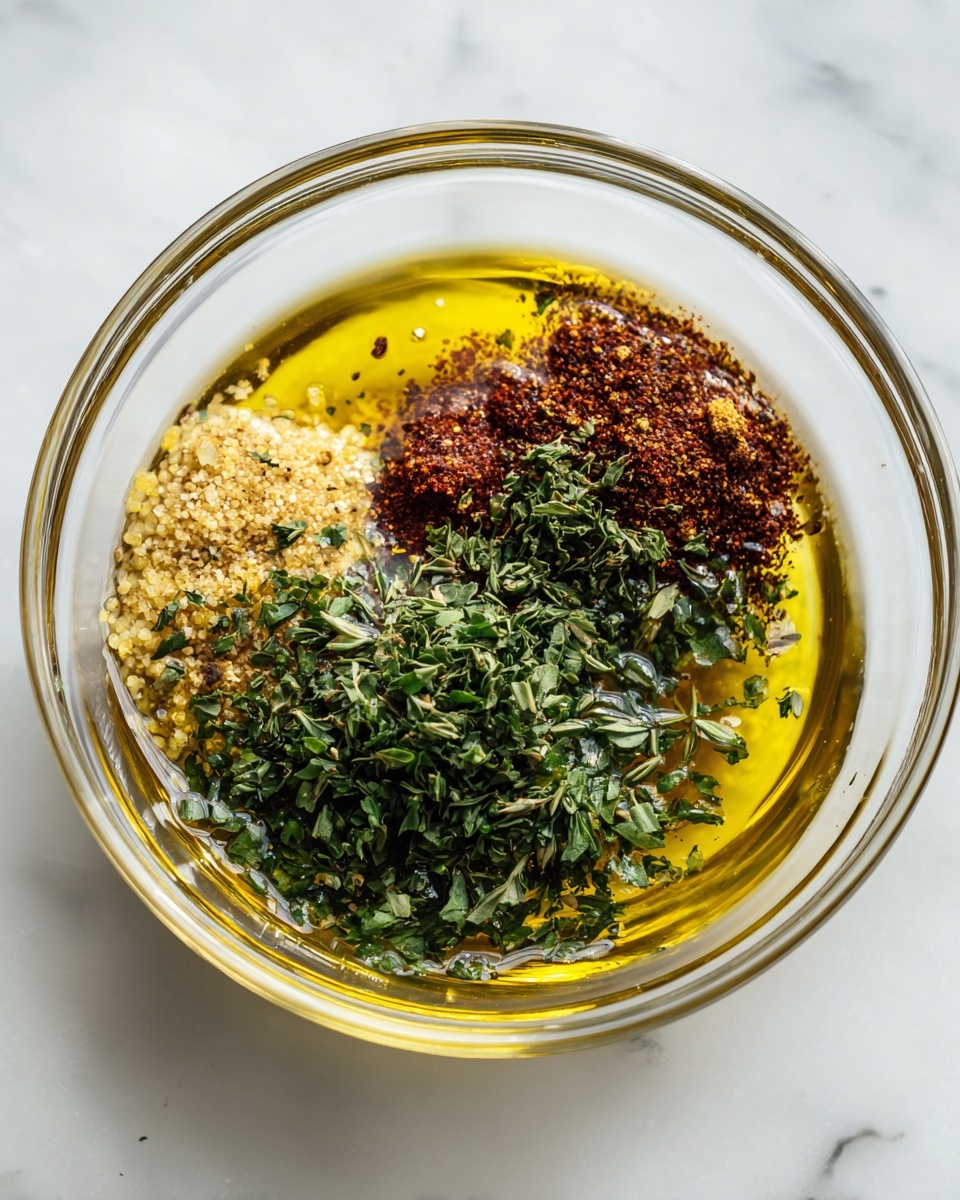 A clear glass bowl placed on a white marbled surface contains several layers of ingredients. The bottom layer is a golden yellow liquid oil. On top of this oil, there are dark red and brown finely ground spices forming small sections near one side. Fresh green chopped herbs are sprinkled over the spices and oil, mostly covering one half of the bowl. The textures of the herbs look leafy and slightly rough. The bowl is viewed from above with soft natural lighting. Photo taken with an iphone --ar 4:5 --v 7