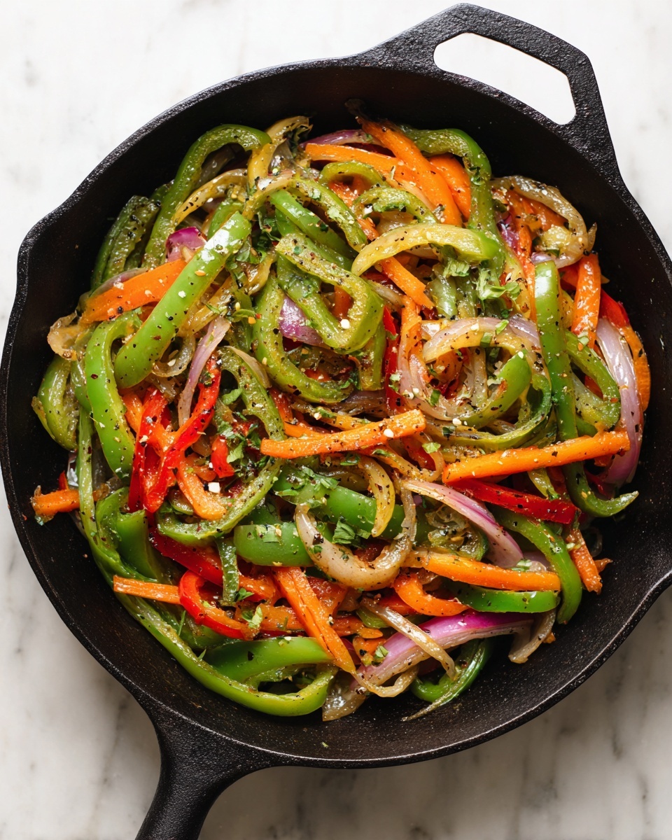The image shows a black cast iron skillet filled with cooked sliced vegetables. The dish has three main layers of thinly sliced vegetables: bright green bell peppers with a smooth texture, orange carrots evenly sliced into sticks, and pale purple-red onion slices curling around the other vegetables. The vegetables are mixed and cooked, showing a slight shine and sprinkled with small green herbs and black pepper specks. Steam rises gently from the skillet, indicating the food is hot. The skillet is placed on a white marbled surface. photo taken with an iphone --ar 4:5 --v 7