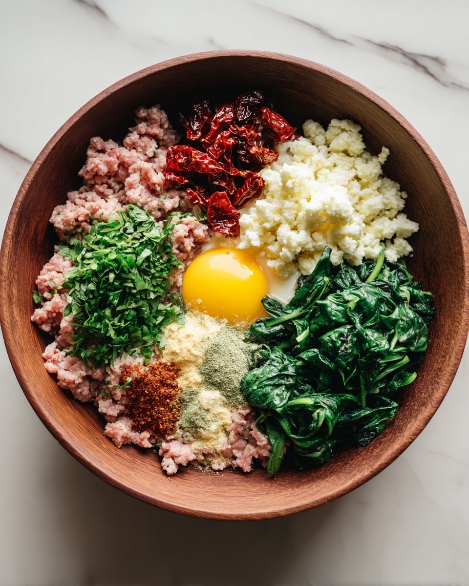 A round brown bowl sits on a white marbled surface, filled with layers of ingredients. The base layer is light pink ground meat spread around the edges. On top, there are several clusters: bright green chopped spinach on the right, crumbled white cheese next to it, finely minced yellow garlic below the spinach, and a raw egg yolk with a bit of white near the bottom center. To the left of the spinach and garlic are fresh green chopped herbs, and on the top left, there are dark red sun-dried tomatoes with some light brown spice powders sprinkled around the middle area. Photo taken with an iphone --ar 4:5 --v 7