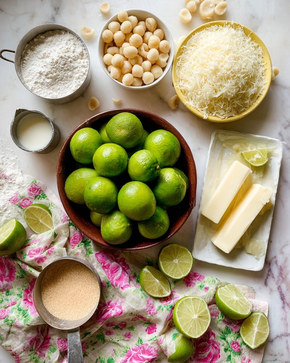 The image shows a top view of various baking ingredients arranged on a white marbled textured surface. In the center, a brown bowl is filled with whole bright green limes, some of which are cut into halves and wedges placed around the bowl. To the top left of the limes, a white bowl contains small round macadamia nuts that are pale yellow. A yellow bowl to the top right is heaped with shredded white coconut. A white rectangular plate to the right holds two sticks of light yellow butter and a lime wedge. Below the butter plate, a metal measuring cup filled with light brown sugar rests on a floral cloth with pink, green, and white colors. To the left, a metal measuring cup with white flour is partially visible. A small metal pan filled with pale cream liquid is also seen at the top left corner. The ingredients are scattered on a floral cloth with green and pink patterns placed on the white marbled surface. Photo taken with an iphone --ar 4:5 --v 7