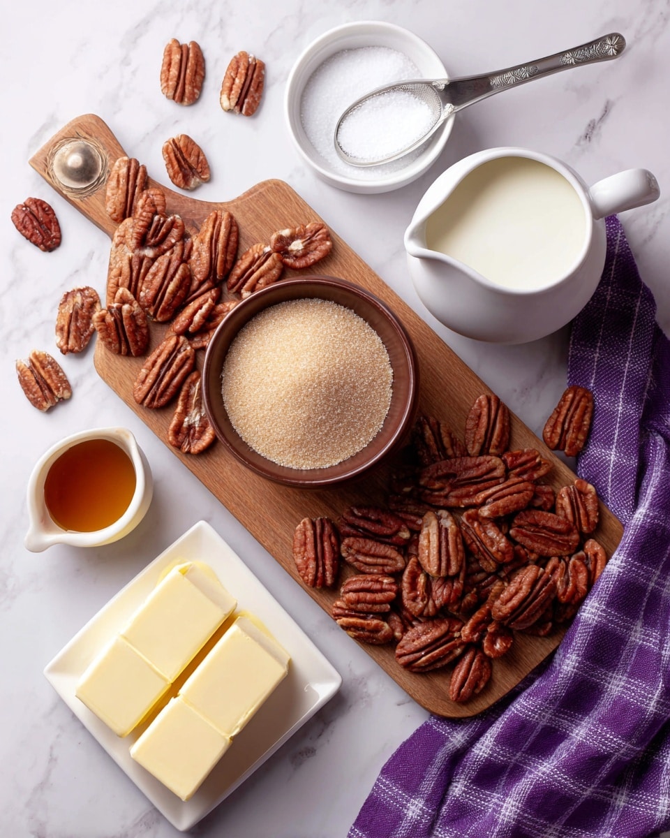 The image shows a wooden board layered with scattered pecans around its edges and on top. In the center of the board, there is a small brown bowl filled with light brown granulated sugar that slightly spills over the edges. To the right, a small white pitcher filled with white liquid cream sits close to the board. Below the pitcher, a small white cup holds a rich amber liquid, likely syrup. Near the bottom left, a white square plate holds three sticks of pale yellow butter with a silver butter knife resting on the plate. Above the board, a small white bowl with a silver spoon inside is visible, and a silver measuring spoon filled with white granulated sugar lays diagonally across the board among the pecans. The whole arrangement lies on a white marbled surface with a purple and white checkered cloth partially visible underneath some pecans. photo taken with an iphone --ar 4:5 --v 7
